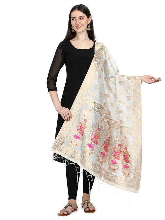DEVANGI Women's Woven Banarasi Silk Zari Dupatta/Chunni, Width 1 Meter, Length 2.5 Meter (OM-DT-05-WHITE)