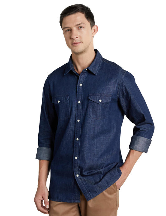 Symbol Premium Men's Casual Cotton Denim Shirt (Regular Fit) (Dark Rinse_L)