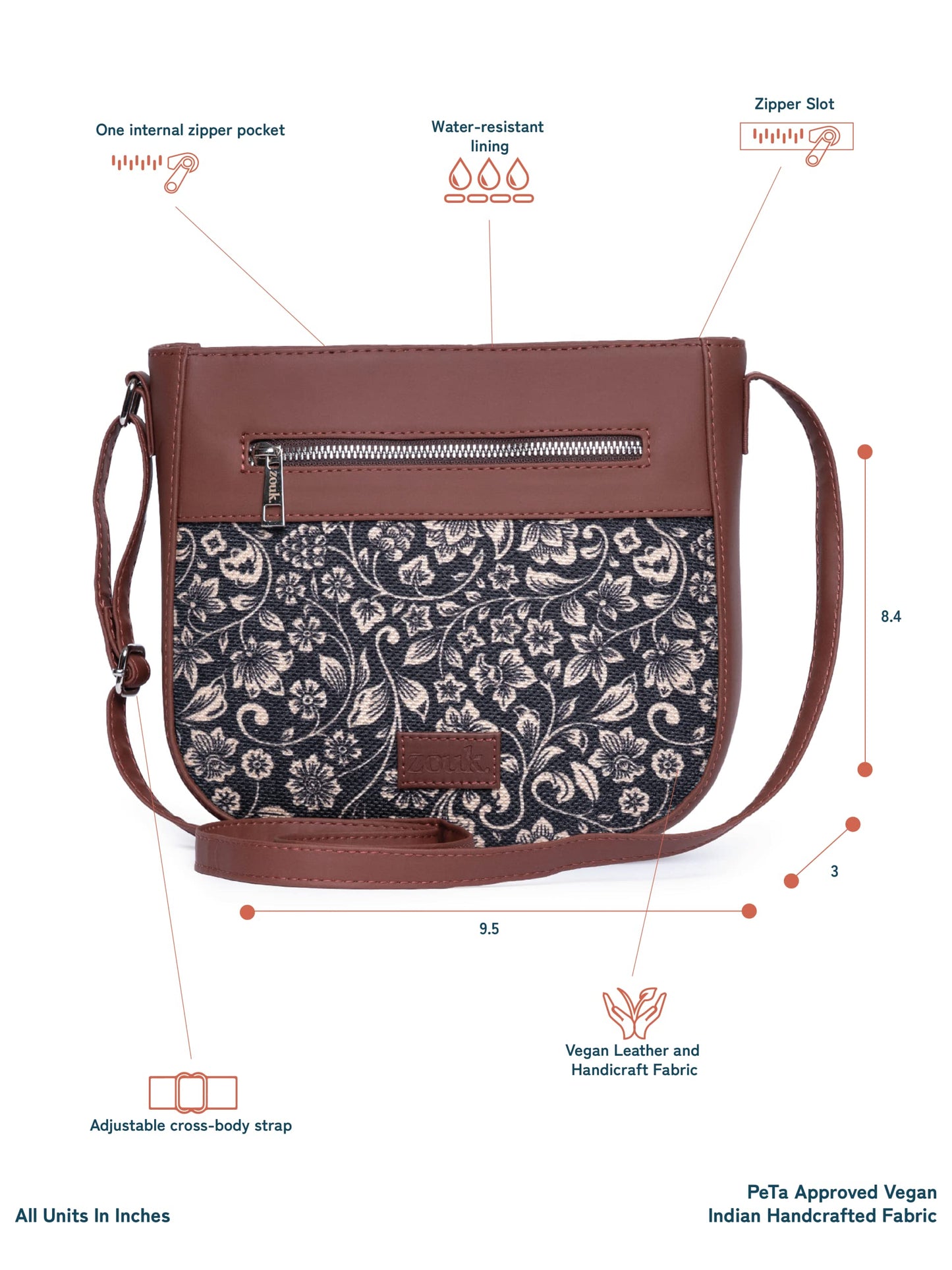 ZOUK Women's Handcrafted Black Floral U Shaped Sling Bag