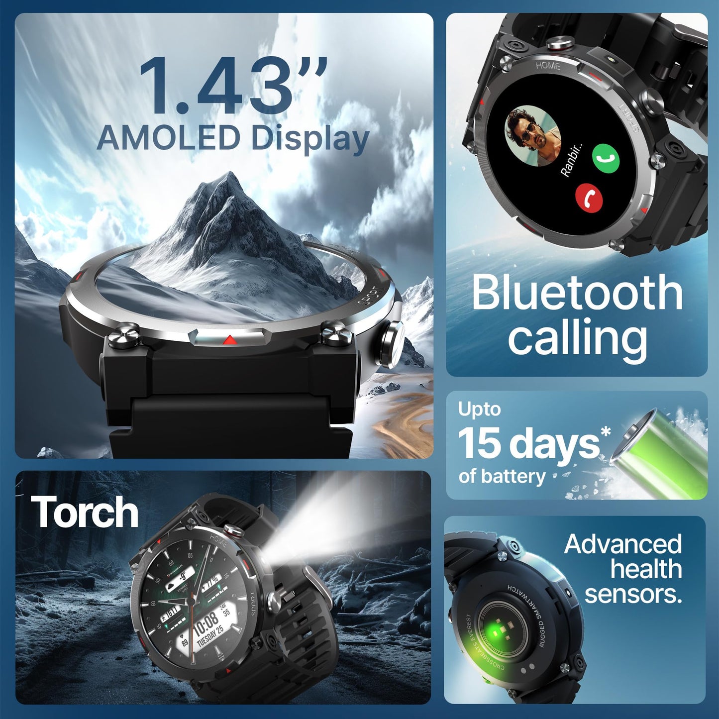 CrossBeats Everest 2.0 2025 Smart Watch for Men 1.43" True AMOLED, Always ON Display Bluetooth Calling Rugged Outdoor with Flash Light Upto 15 Days Battery Life Smartwatch 100+ Sports Mode