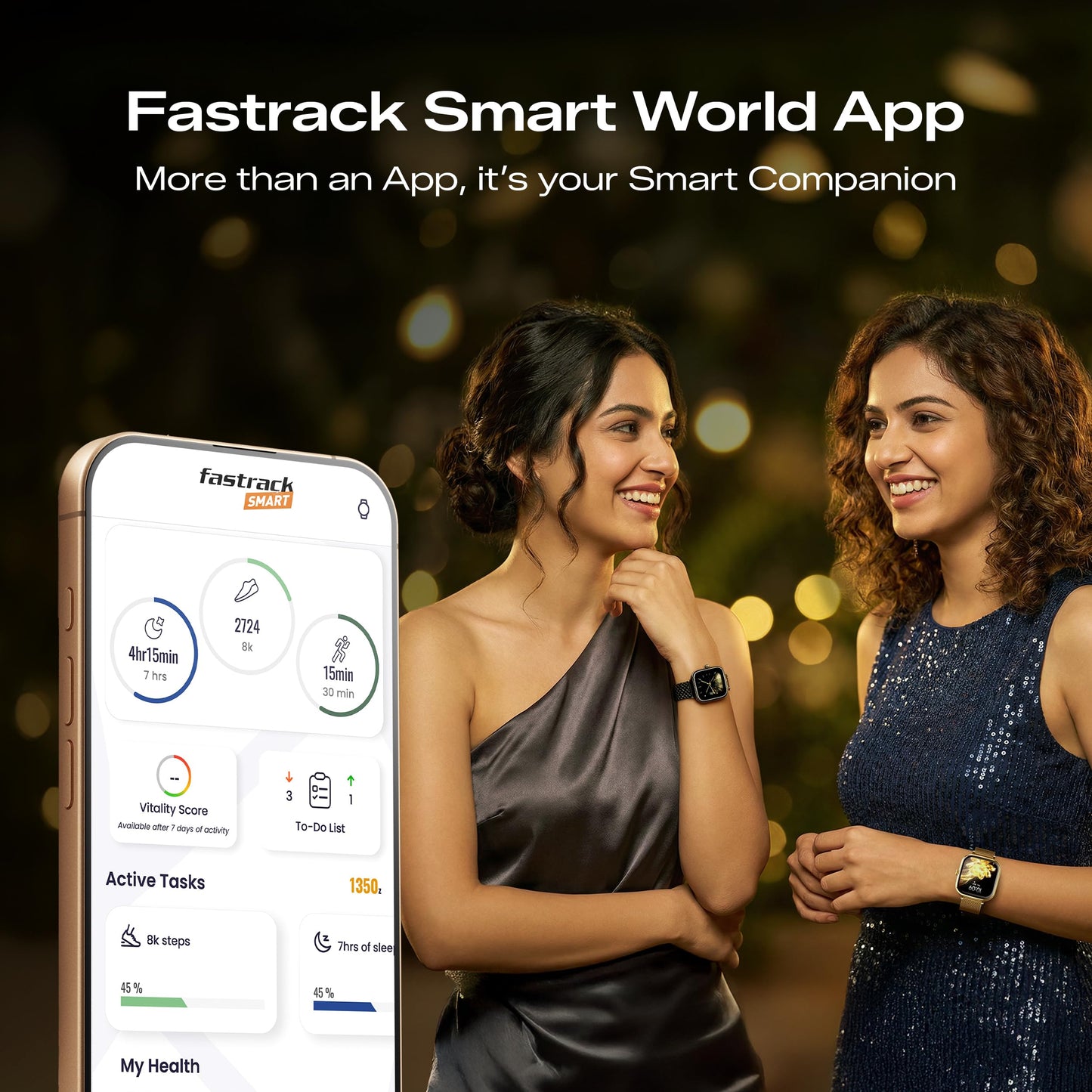 Fastrack Noir Rizz Women Smart Watch with 1.72" inch Ultra HD Display,Womens Health,AI Watchface & AI Chat,Functional Crown,24/7 Health Suite,BT Calling,IP68,Additional Silicone Strap,Games - Black