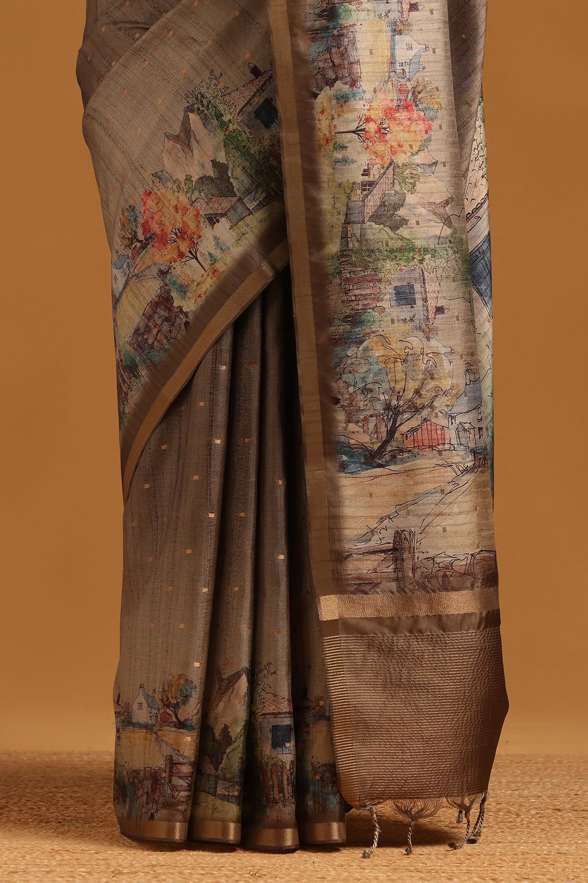 Soch Womens Olive Tussar Botanical Saree With Zari Woven