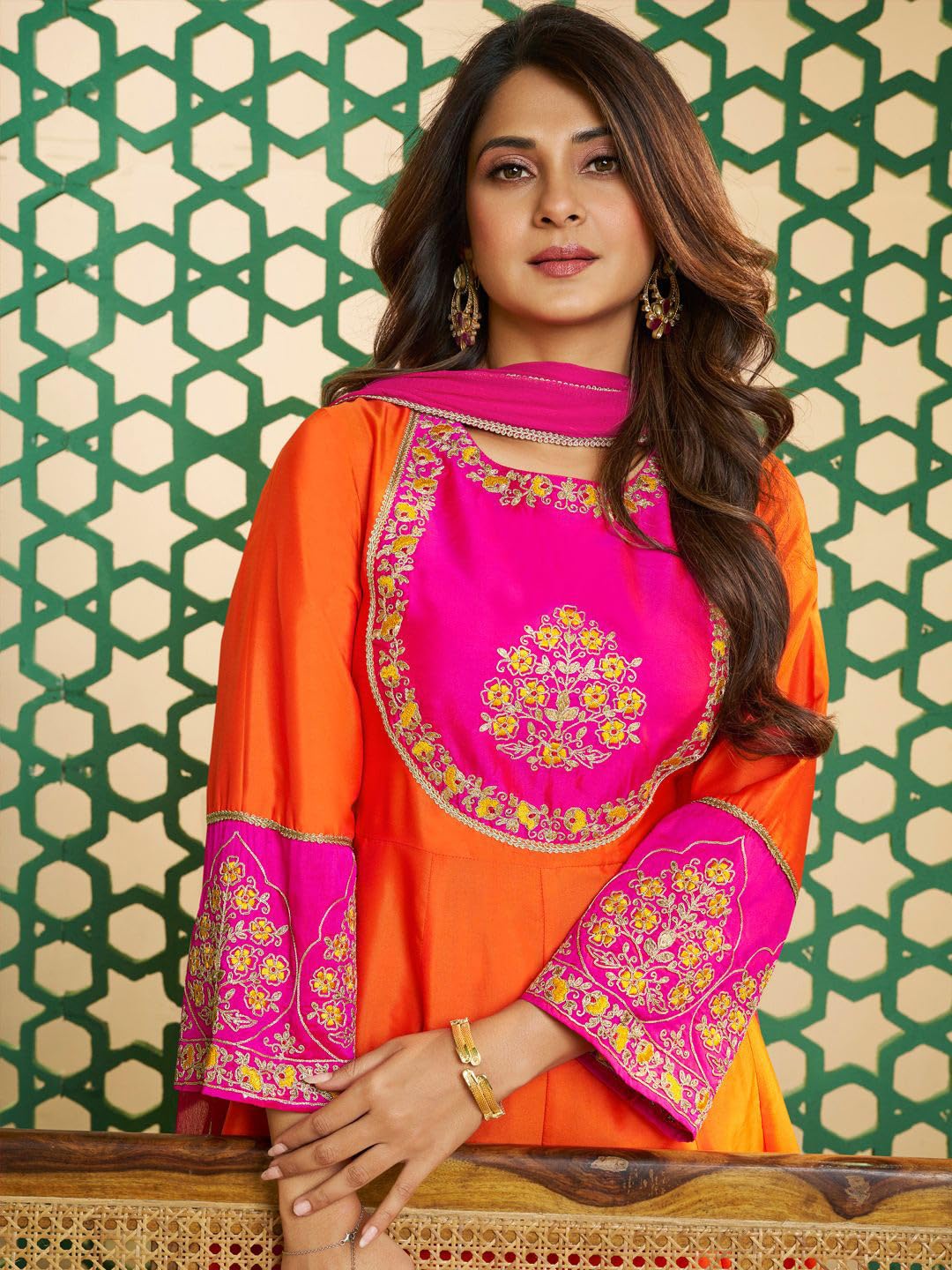 VARNI FABRICS: A lady's First Love Women's Orange & Pink Chanderi Cotton Anarkali Kurta Set With Embroidered Yoke, Dupatta, Ethnic Wear (IN, Alpha, XL, Regular)