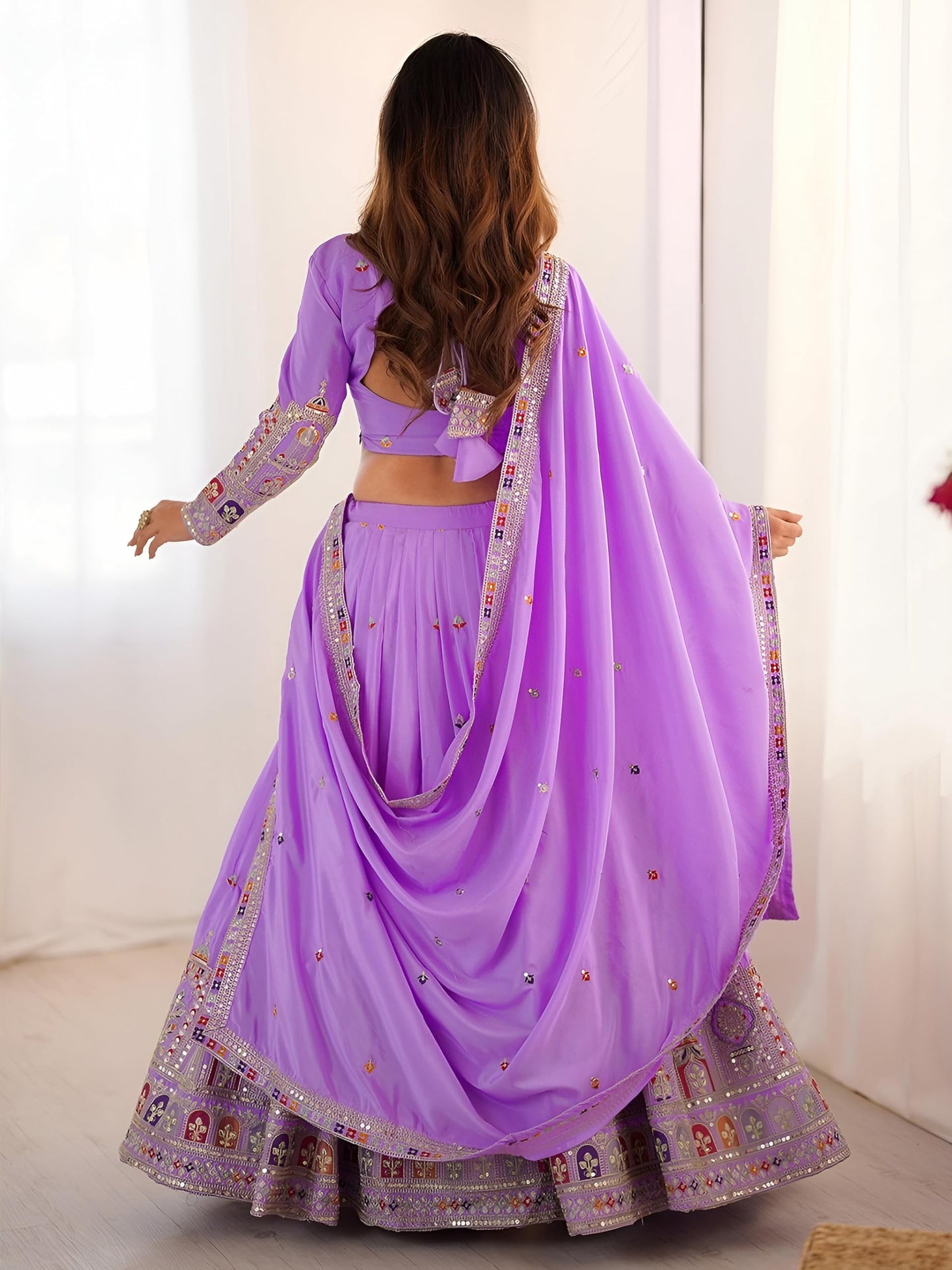 Zeel Clothing Women's Sequins Thread Embroidered French Crepe Lehenga Choli With Dupatta (5118-Lavender-Women-Lehenga-Choli-Latest; Free size) (Lavender)