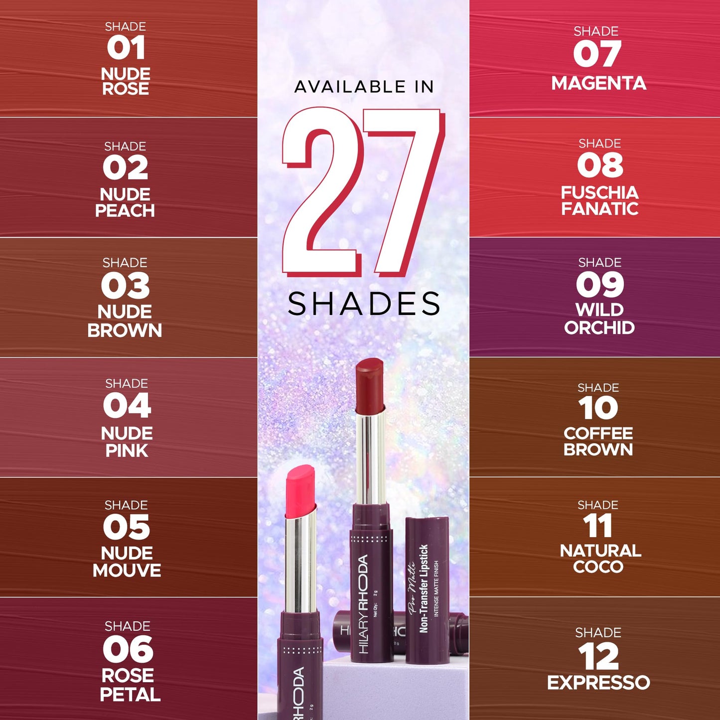 Hilary Rhoda Pro Matte Non-Transfer Lipstick | Waterproof & Non-Transfer Lipstick | 12-Hour Long Stay | Smudge-Proof | Highly Pigmented Matte Finish Lipstick | 2g (Hot Pink - Shade 25)