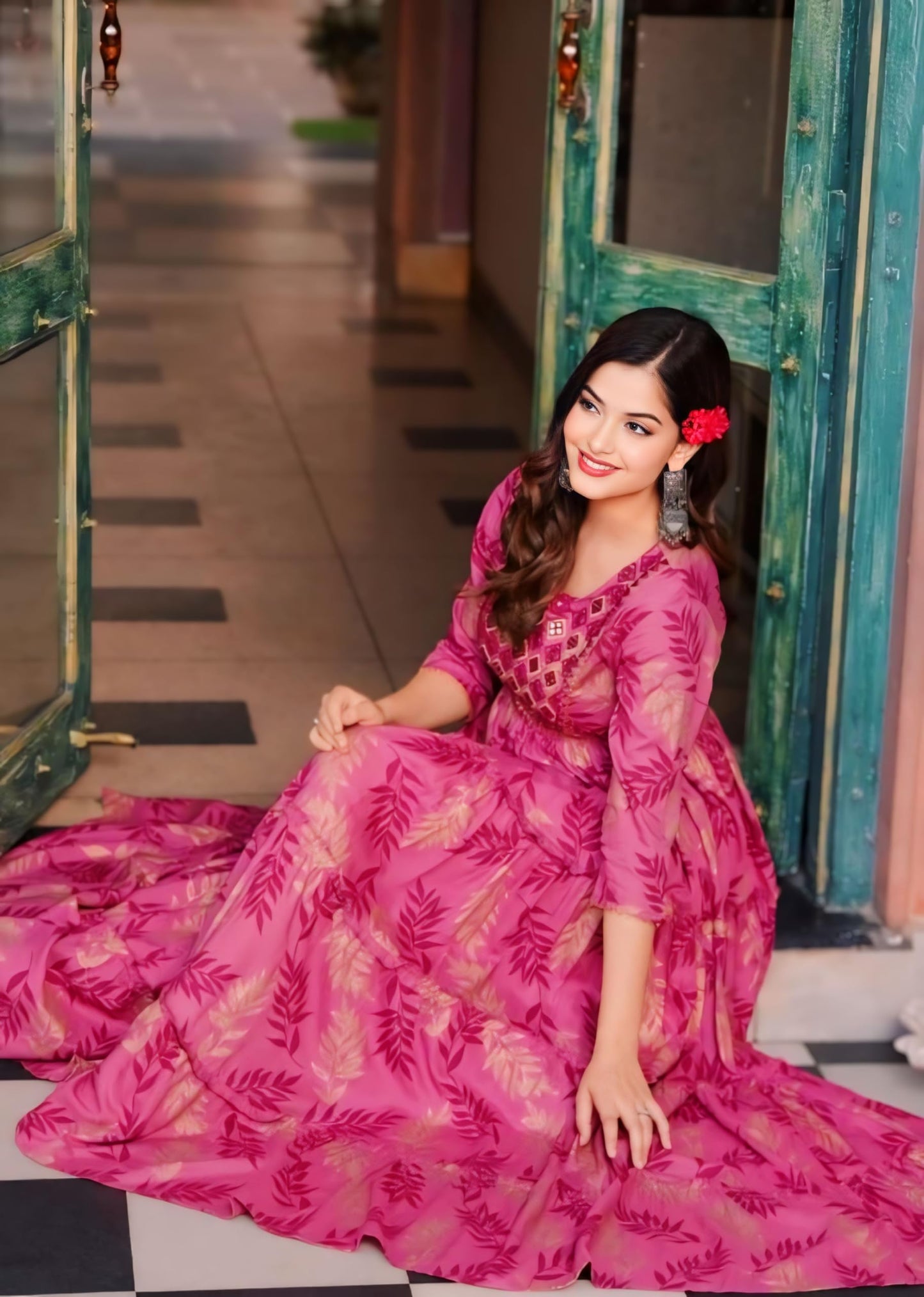 Women's Rayon Printed Anarkali Kurti | Festive Green & Pink Flared Long Dress &Frock (in, Alpha, 3XL, Regular, Pink)