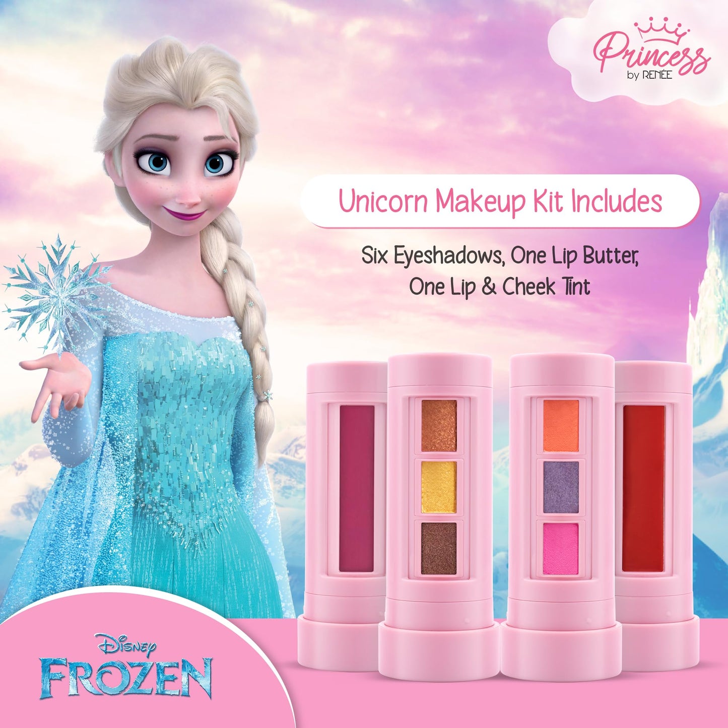 Disney Frozen Princess By Renee Gift Set, For Pre-Teen Girls, Includes Lipbalm, Lipstick, Lip Gloss, Nail polish & Makeup Kit - Includes Eyeshadows, Lip Butter, Lip Tint, Cruelty-Free & Vegan