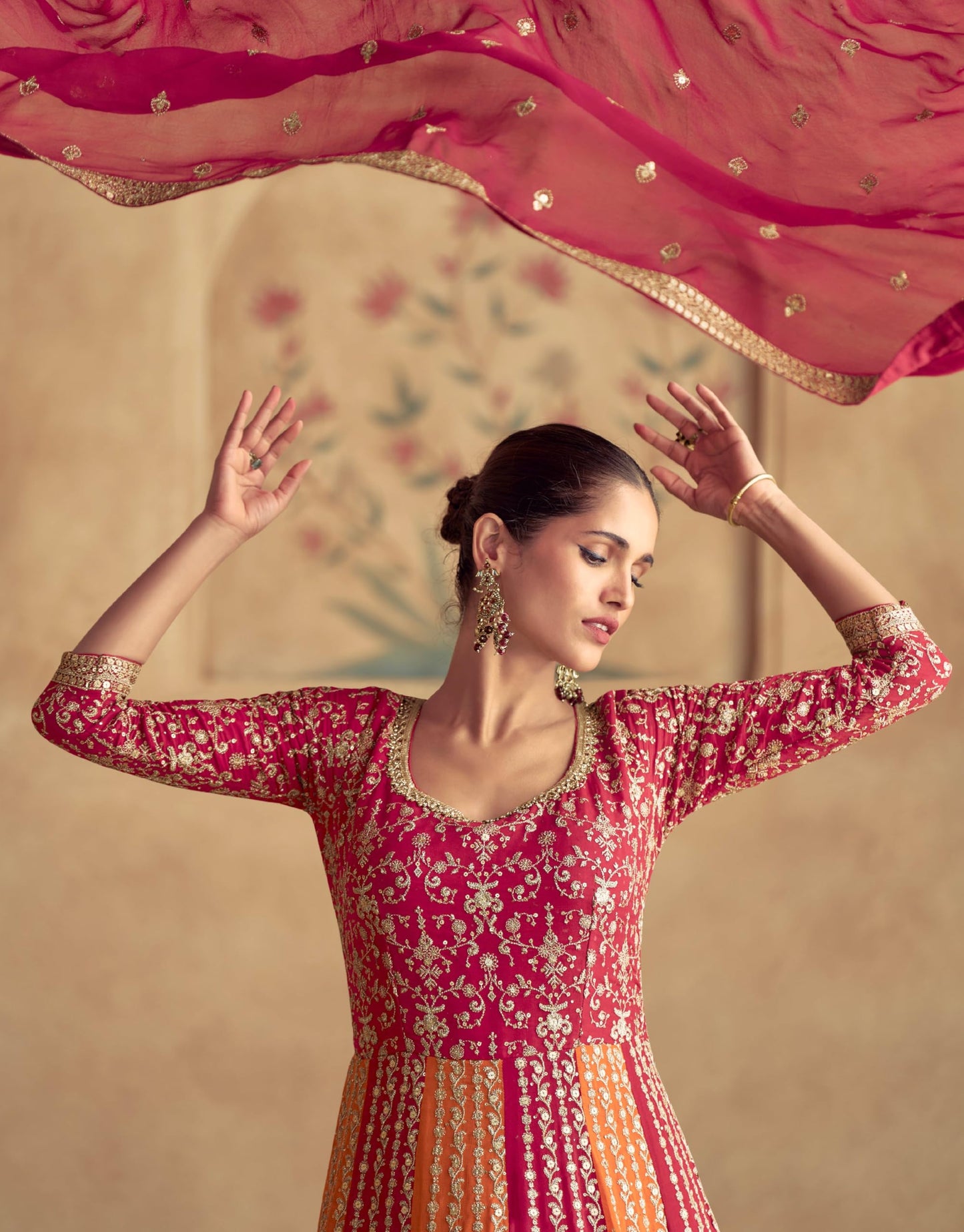 Miss Ethnik Women's Pink Chinon Stitched Gown with Dupatta 3/4 Sleeve Embroidered Anarkali Gown (ME-1231-Pink-XL)