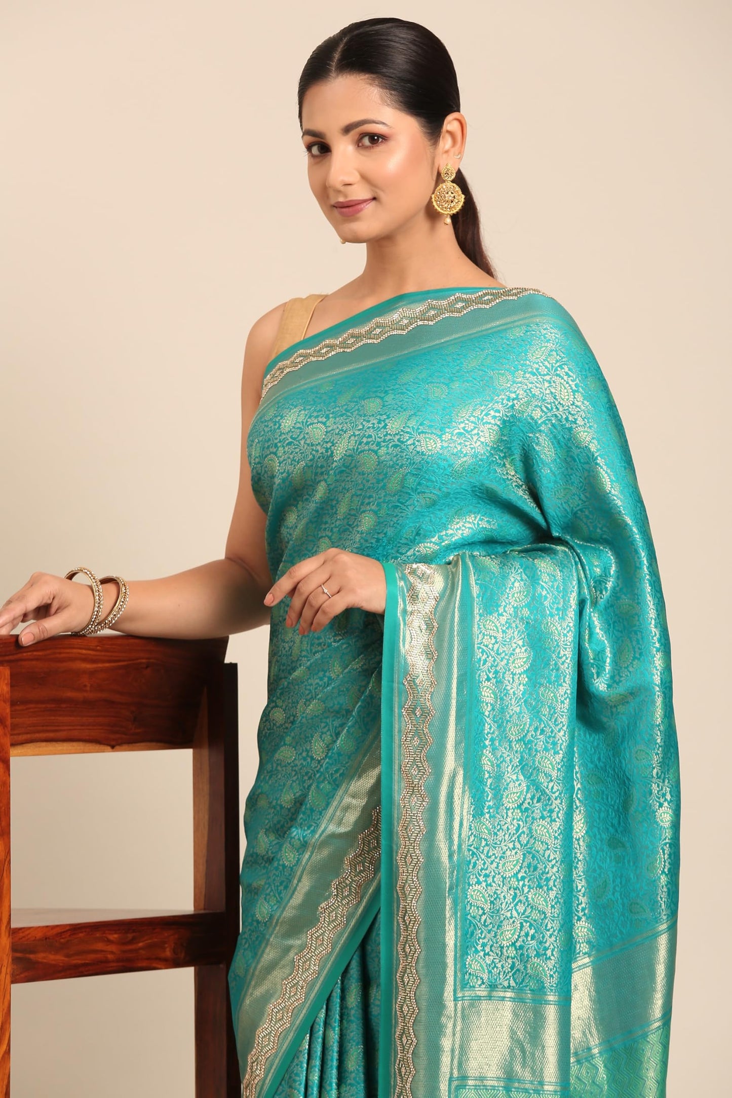 MOHEY Women's Art Silk Embroidered|Zari Weave Saree (Rama Green)