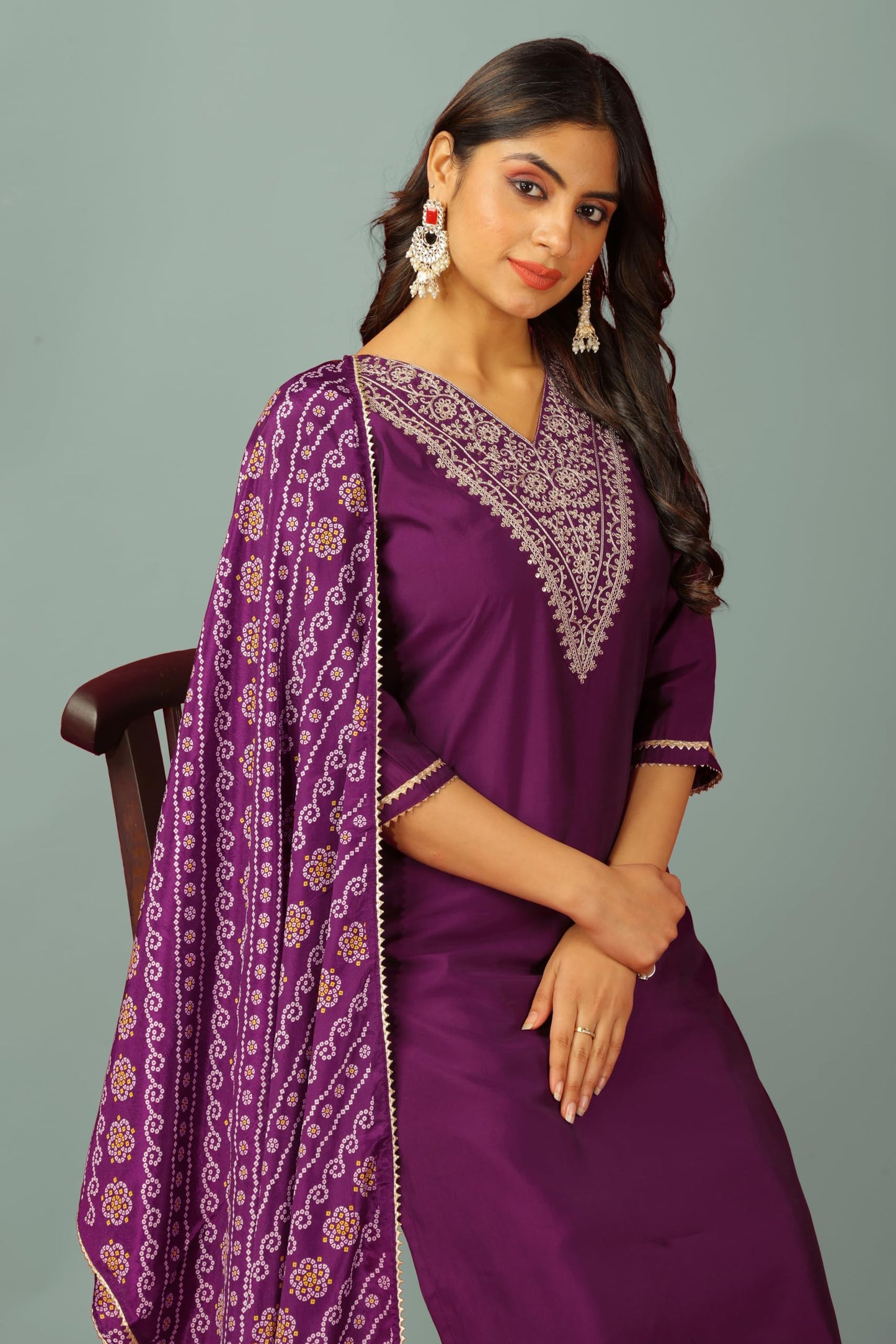 GALGOTO Women's Viscose Silk V Neck Embroidery Work Kurta with Bandhani Print Dupatta (in, Alpha, 2XL, Regular, Wine-1)