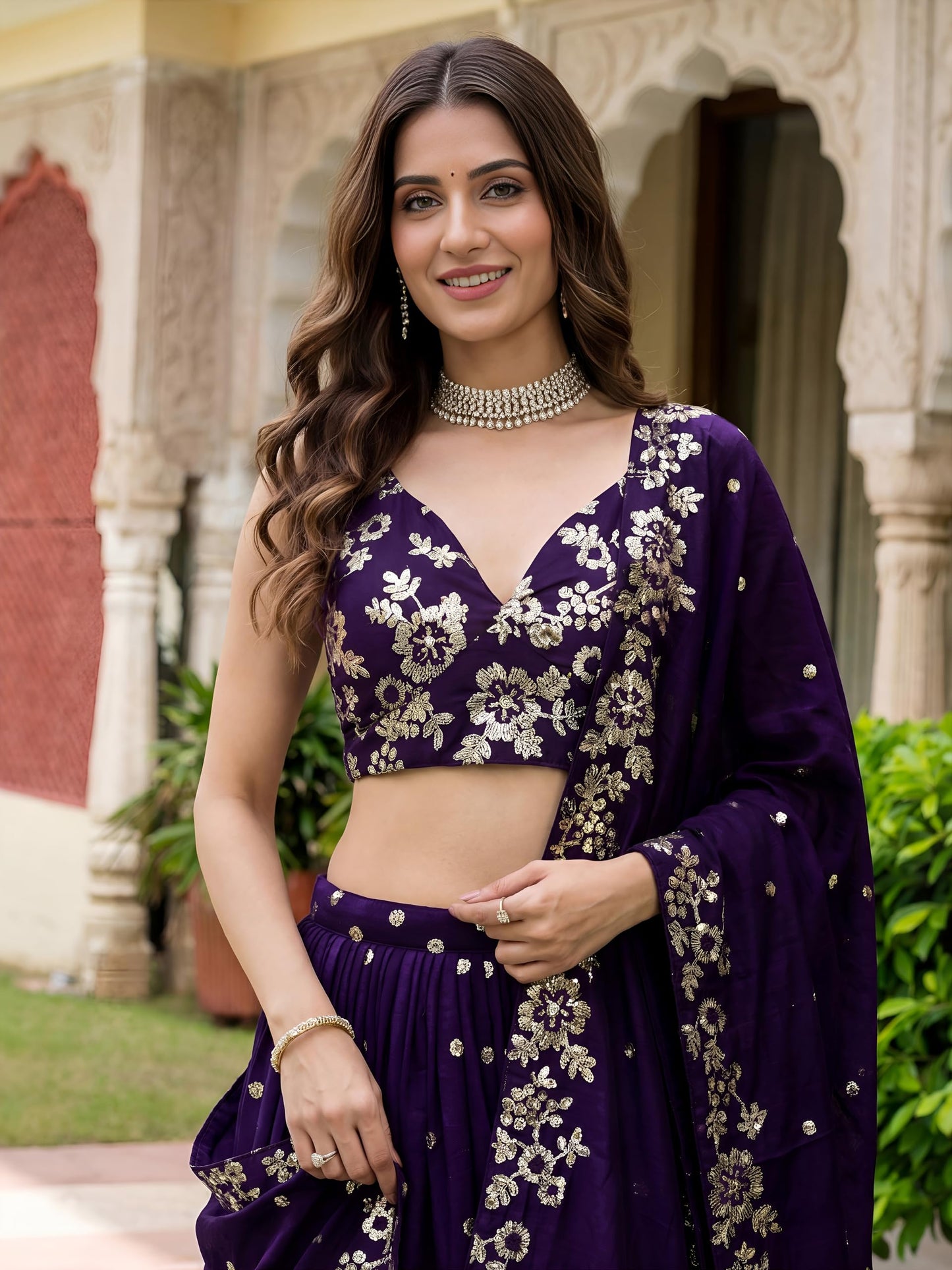 Zeel Clothing Women's Sequins and Thread Embroidered Work Georgette Lehenga Choli With Dupatta (6015-Purple-Women-Lehenga-Choli-Latest; Free size)
