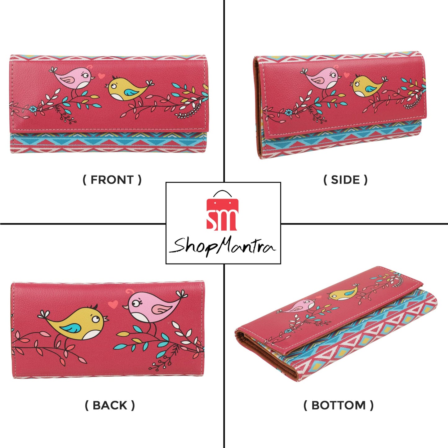 ShopMantra Wallet for Woman | Multicolor Red Bird Design | Faux Leather Printed Long Clutch | Stylish & Cute Trifold Clutch with Card Slots & Coin Pocket