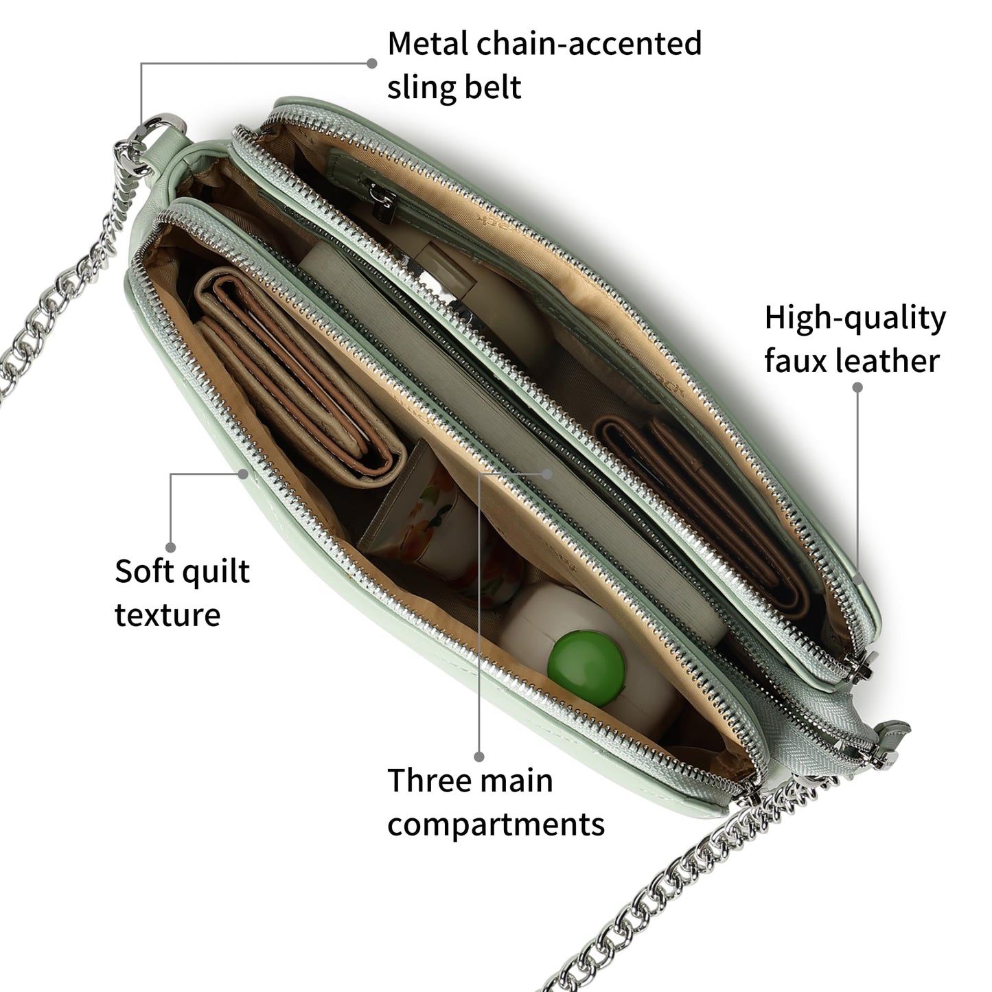 Fastrack Pastel Quilt Sling Bag for Women | Lightweight Quilted Crossbody with 3 Zippered Compartments, Detachable Strap and Soft-Tone Hardware | Stylish Everyday Sling for Casual Outings and College