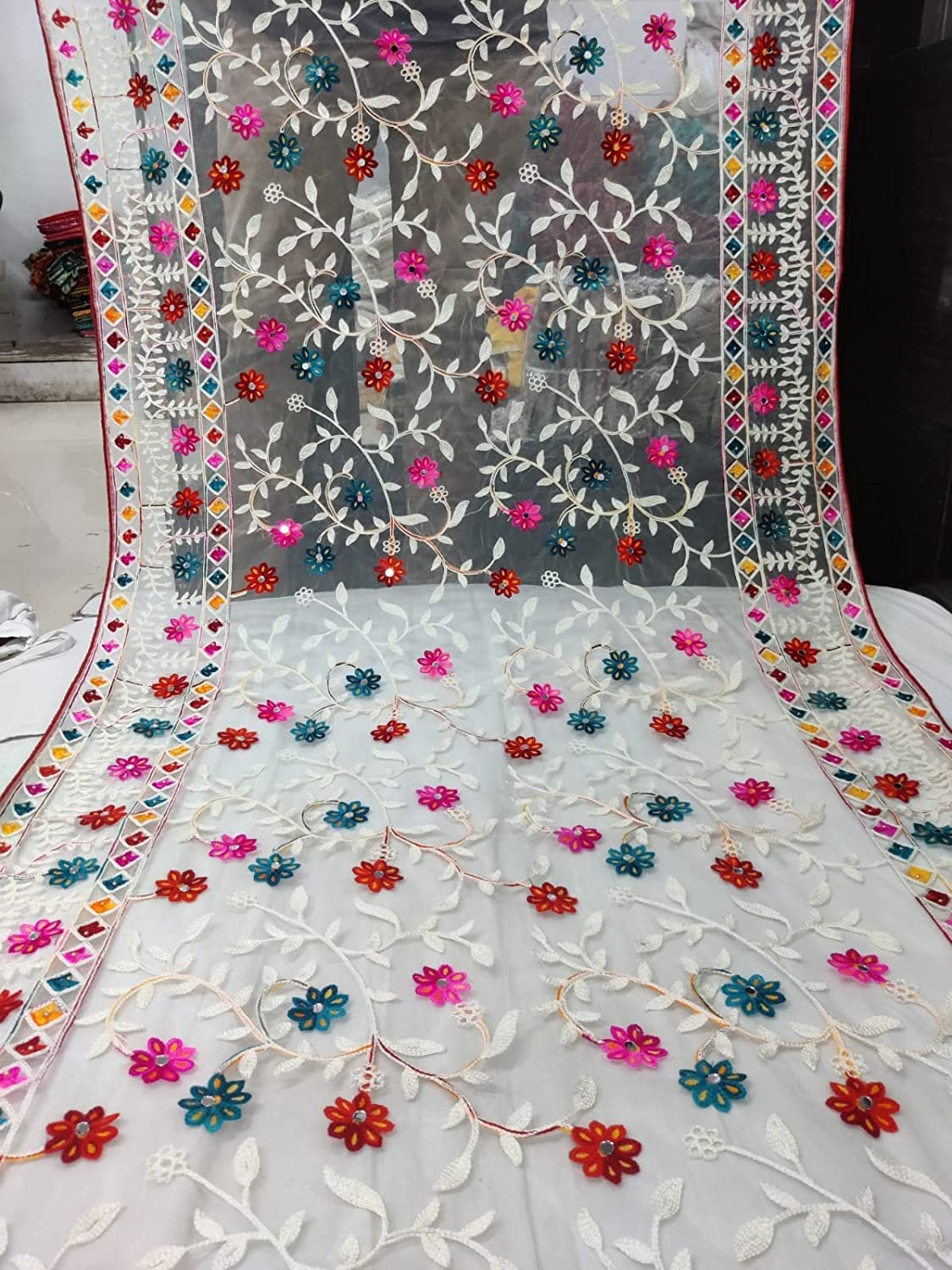 Shasmi Women's Heavy White Colour Net Embroidered Fancy phulkari work Dupatta for women (White)