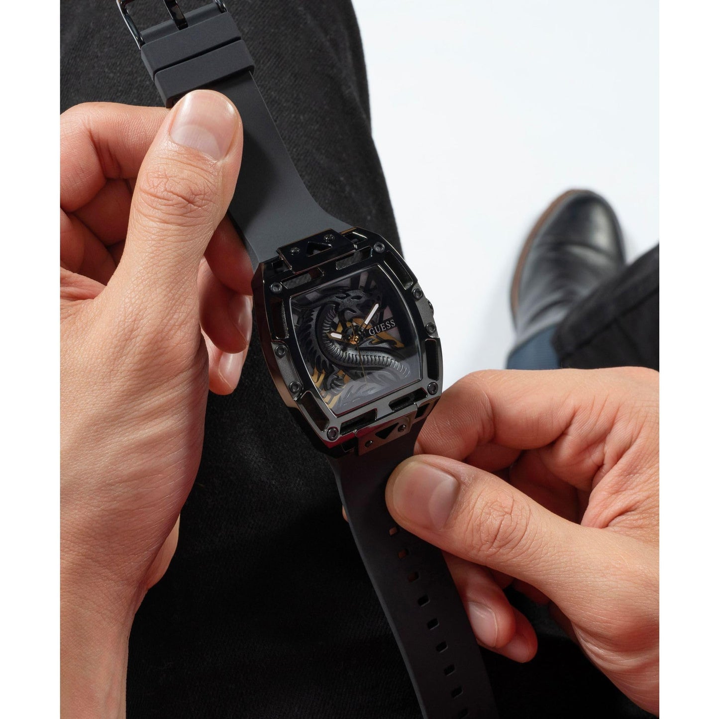 GUESS Silicone Men 44Mm Analog Watch - Black Strap Black Dial Black Case, Black/Black/Gold, Classic, Black Band