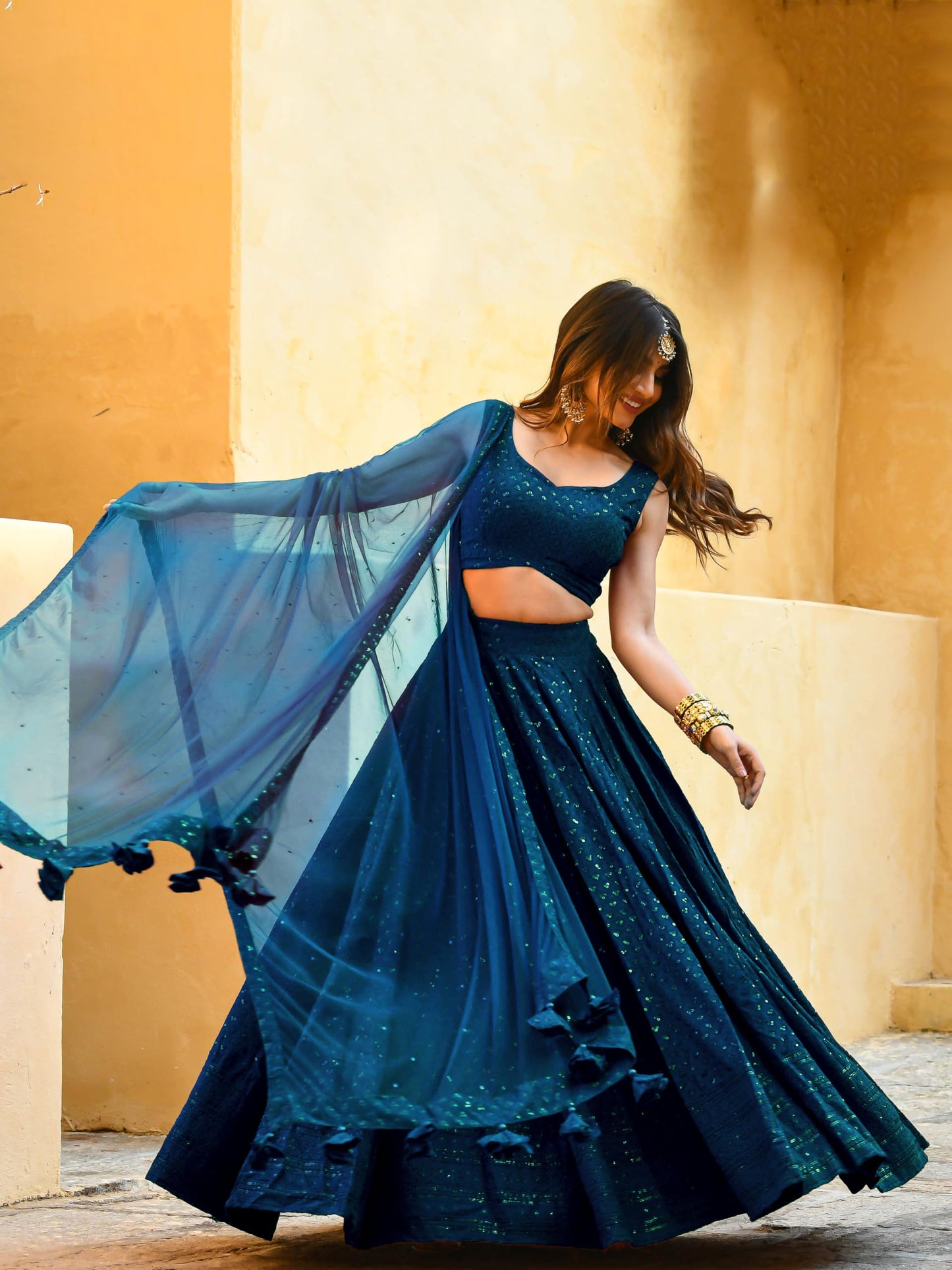 Zeel Clothing Women's Georgette Semi-Stitched Sequins Thread Embroidered Designer Lehenga Choli With Dupatta (5124-Blue-S-Lehenga-Choli-Latest; Free Size) (Blue)