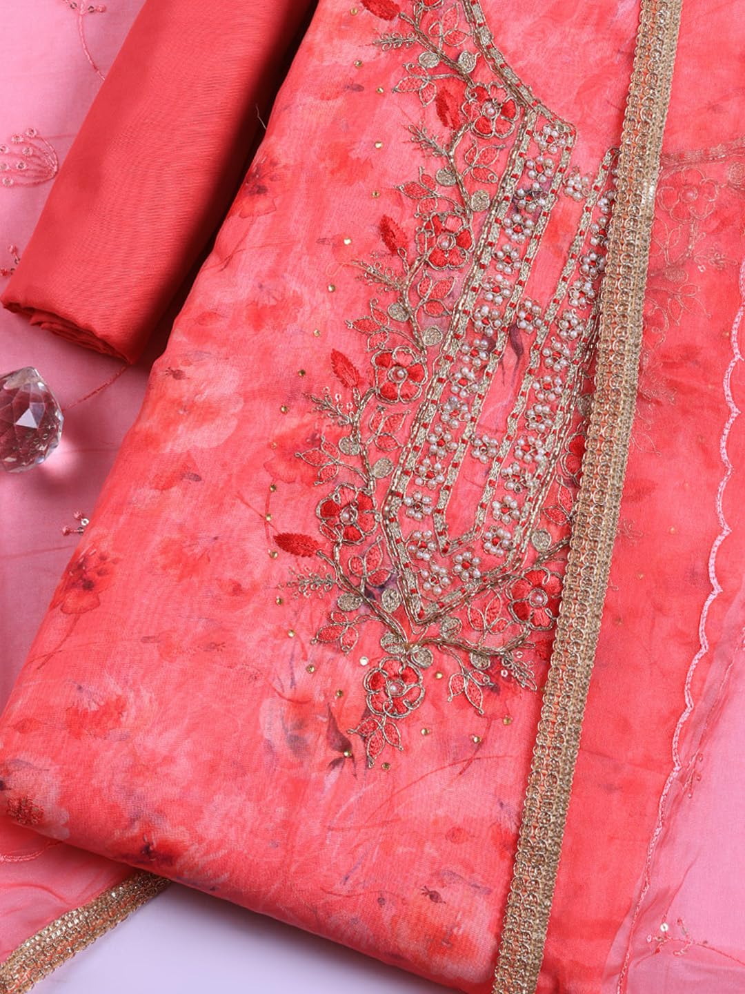 Meena Bazaar Printed Cotton Unstitched Kurta with Bottom & Dupatta