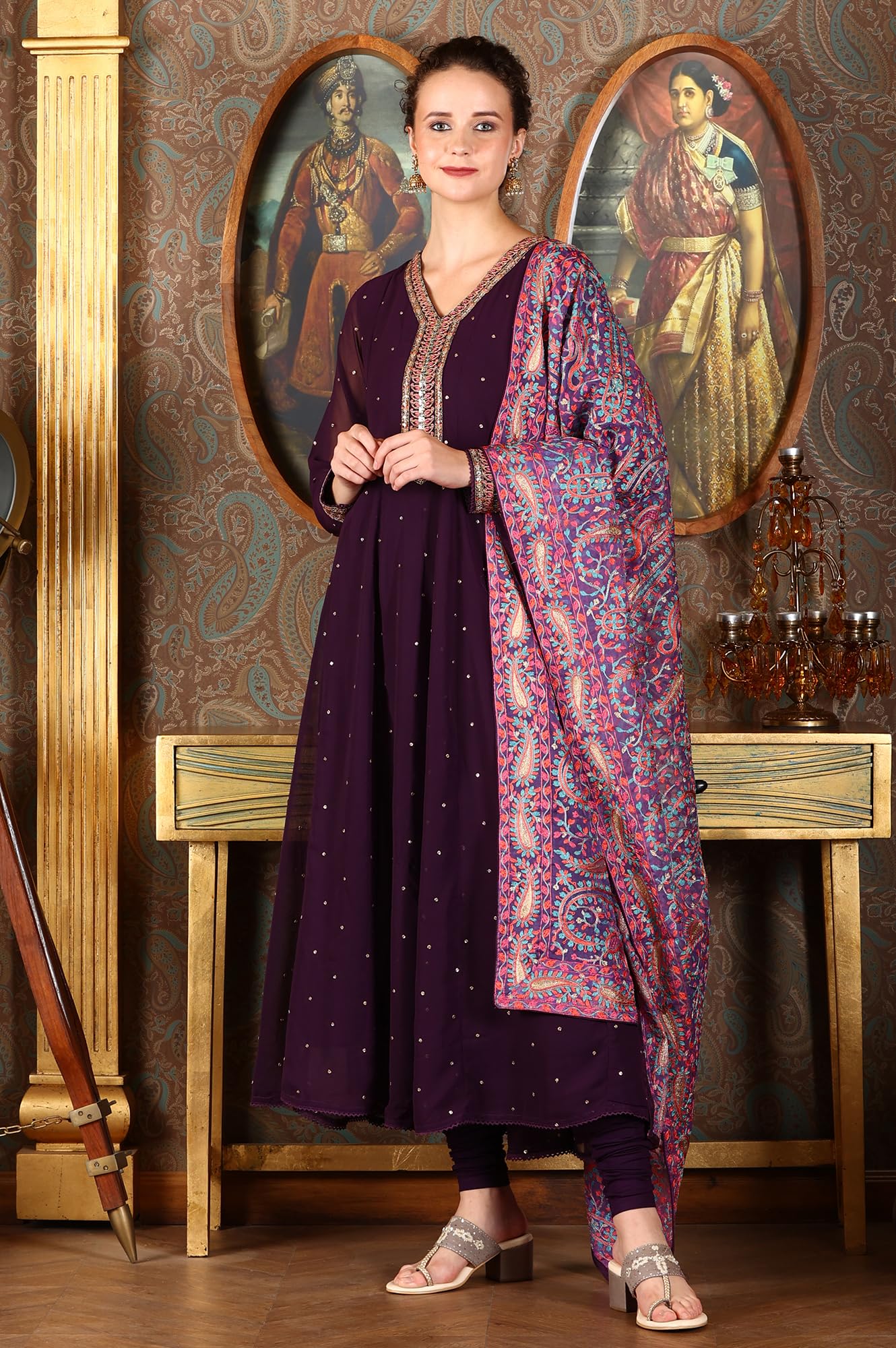 W for Woman Wishful Purple Thread Embroidered Georgette Anarkali Kurta, Churidar and Dupatta Set (Size: XL)-24AUSP10922-400556