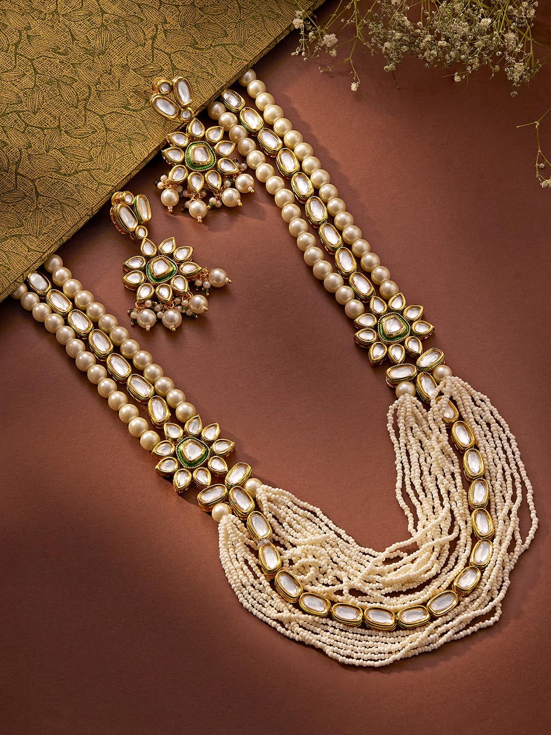Priyaasi Kundan Pearl Floral look Layered Haram with Kundan Earring Jewellery Set