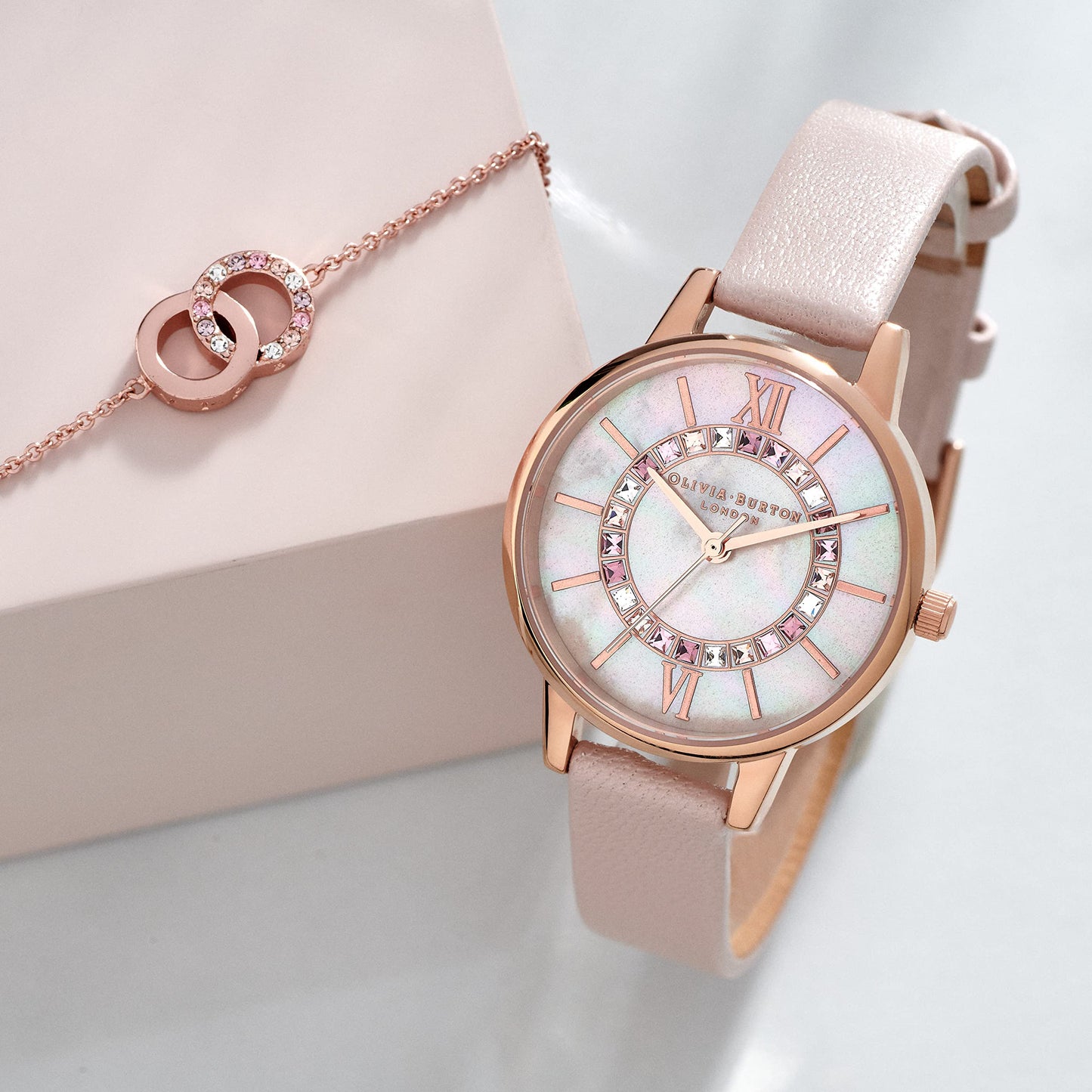 Olivia Burton Wonderland Qtz Basic Blush Mother of Pearl & Stone Round Dial Women's Analog Watch|Pearl Pink Leather Material|Pink Color Band - OB16WD93