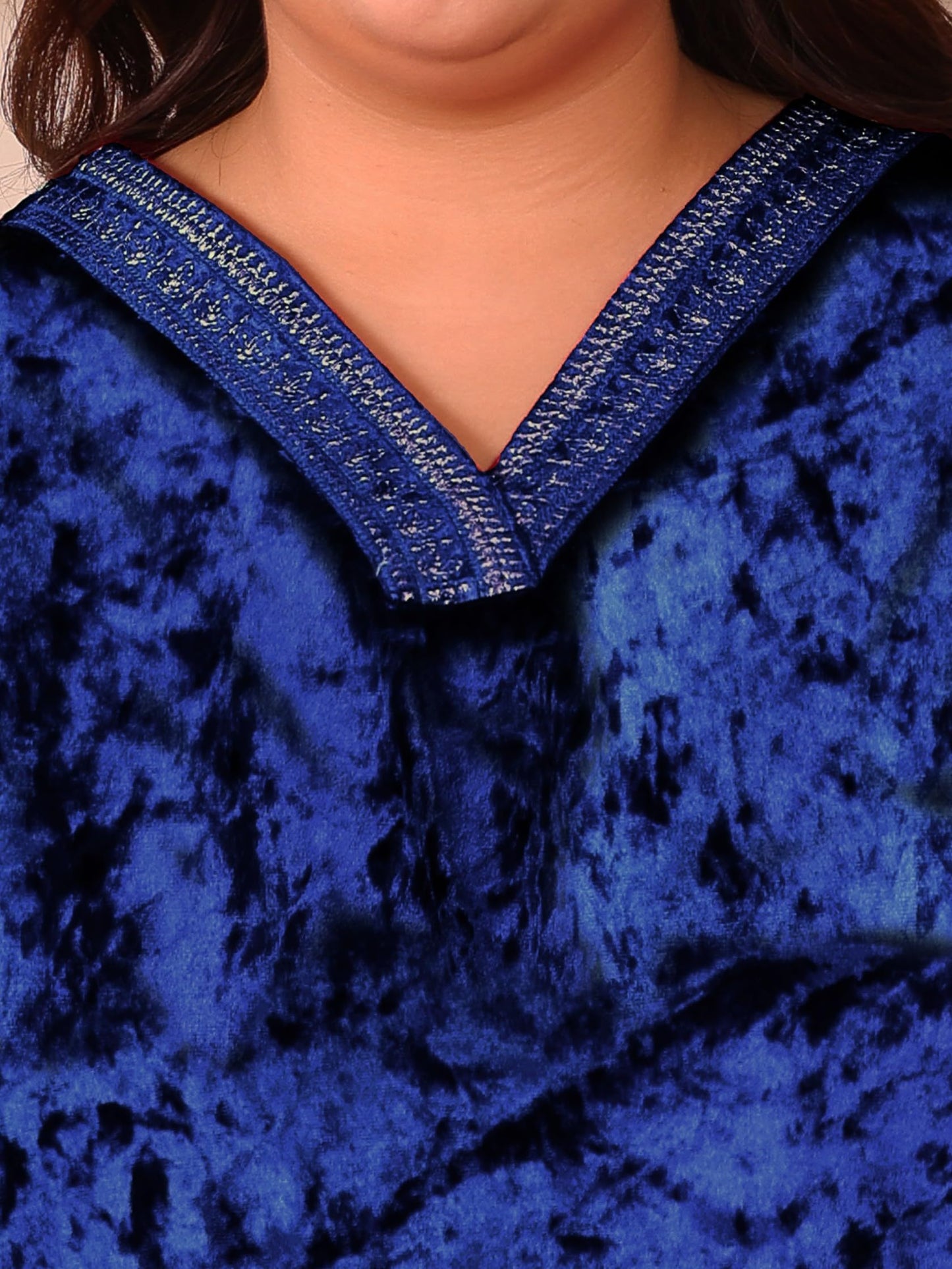 Indietoga Women's Plus Size Stretchable Velvet Embroidered Longline Top (P10001662_Blue Embroidered_XL)