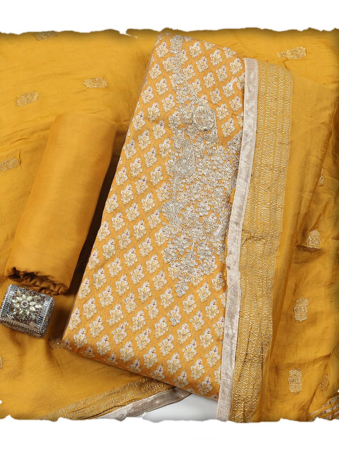 Meena Bazaar Printed Cotton Unstitched Kurta with Bottom & Dupatta