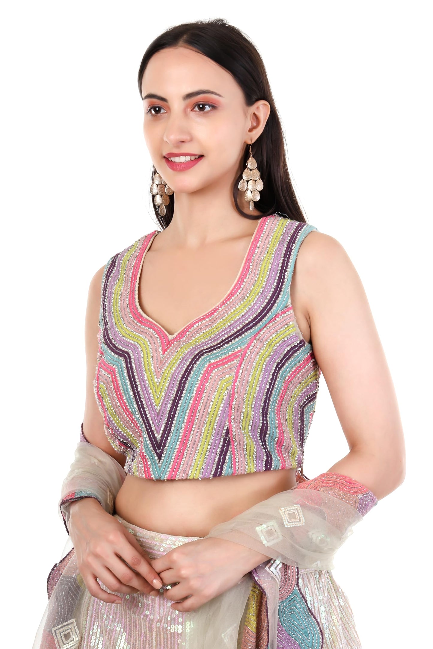 SWAPNIL BY AL Women's Designer Lehenga Choli Set With Sequin Embroidery & Net Dupatta | Off-White Multicolor | Size - M