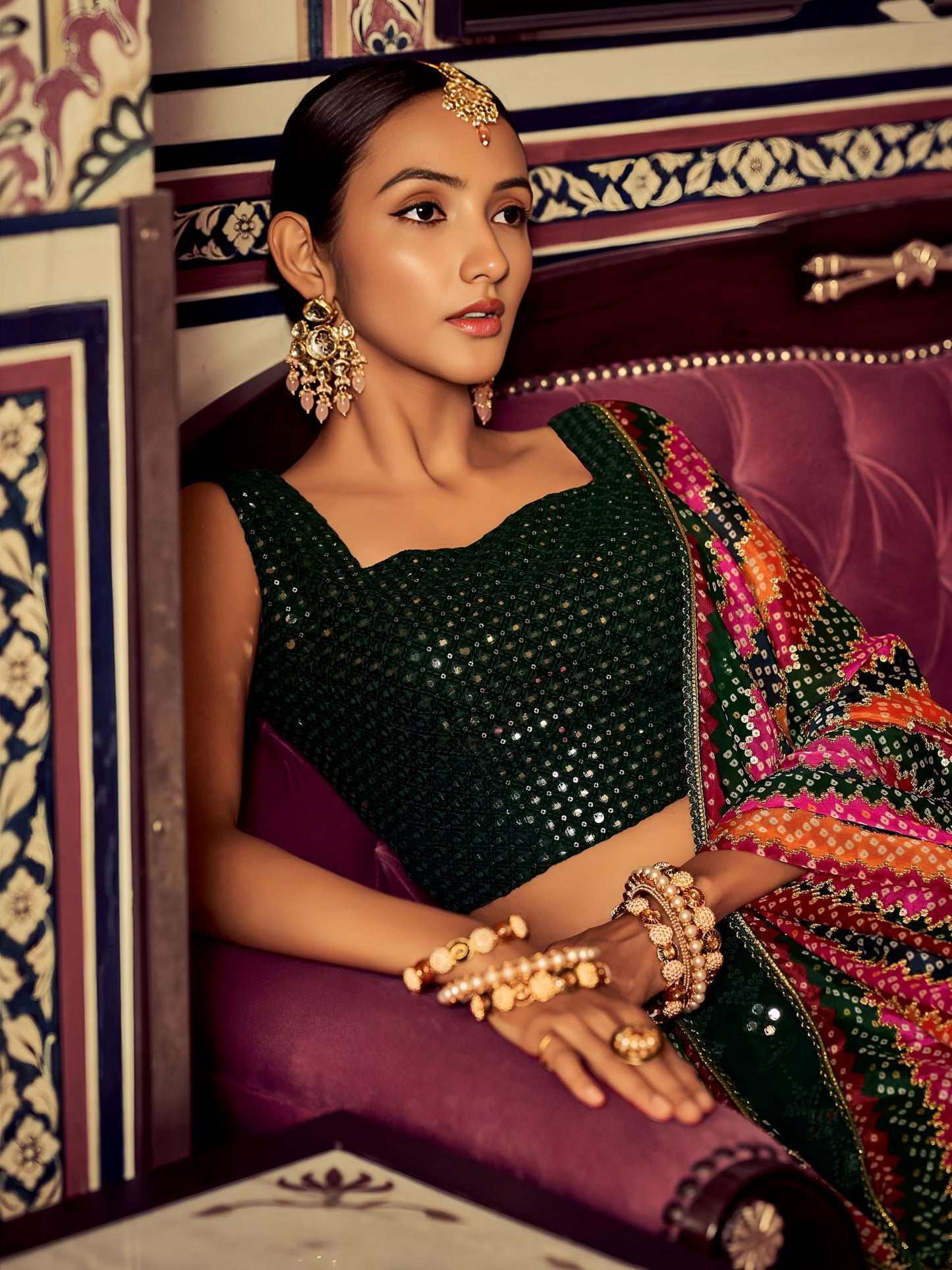 Zeel Clothing Women's Sequins Thread Embroidered Georgette Lehenga Choli With Dupatta (6003-Green-Women-Lehenga-Choli-New; Free Size)(Green)