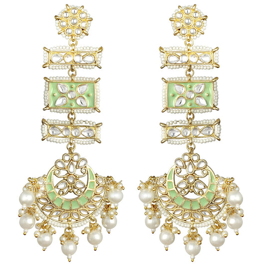 Peora Gold Plated Kundan Pearl Mint Meenakari Long Chandbali Dangle Earrings for Women