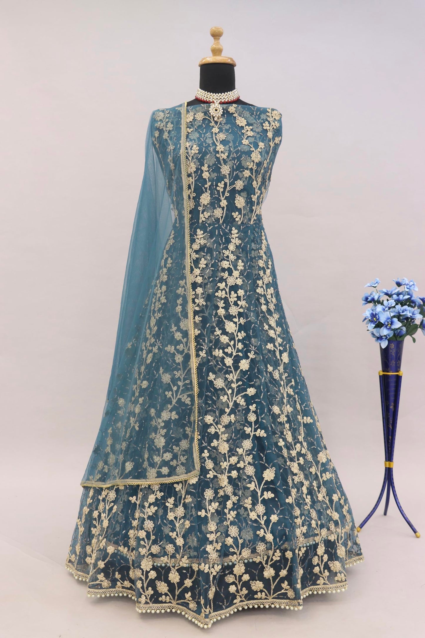 RUDRAPRAYAG Net And Santoon Embroidered Semi Stitched Ankle Length Anarkali Gown For Women