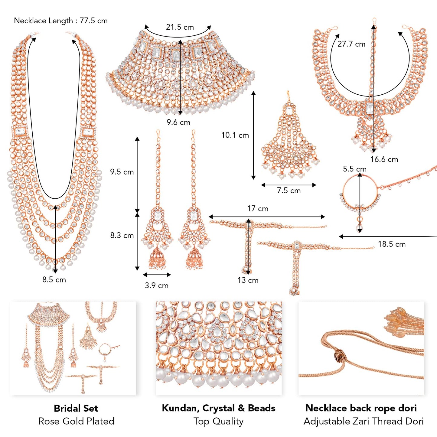 Peora Rose Gold Plated Kundan Crystal & Beads Studded Bridal Necklace Earrings Maangtikka Paso Hath Panja Nathiya Jewellery Set for Women