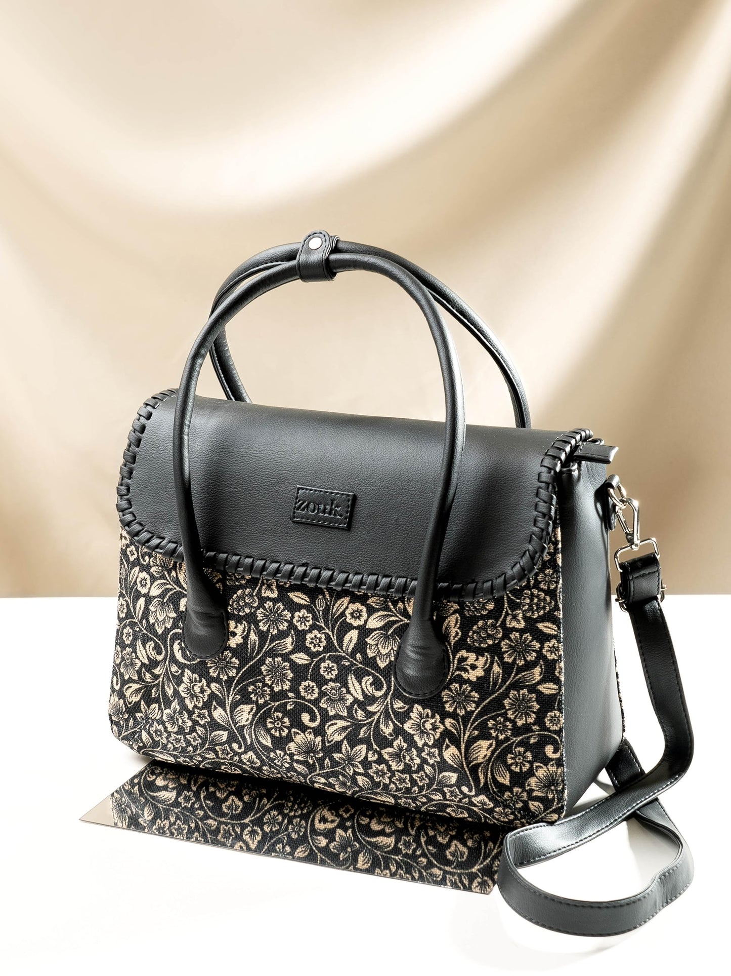 ZOUK Flomotif Floral Printed Jute Handcrafted Vegan Leather Black Women's Satchel Bag | Ladies Purse Handbag | Double Handle Detachable Strap