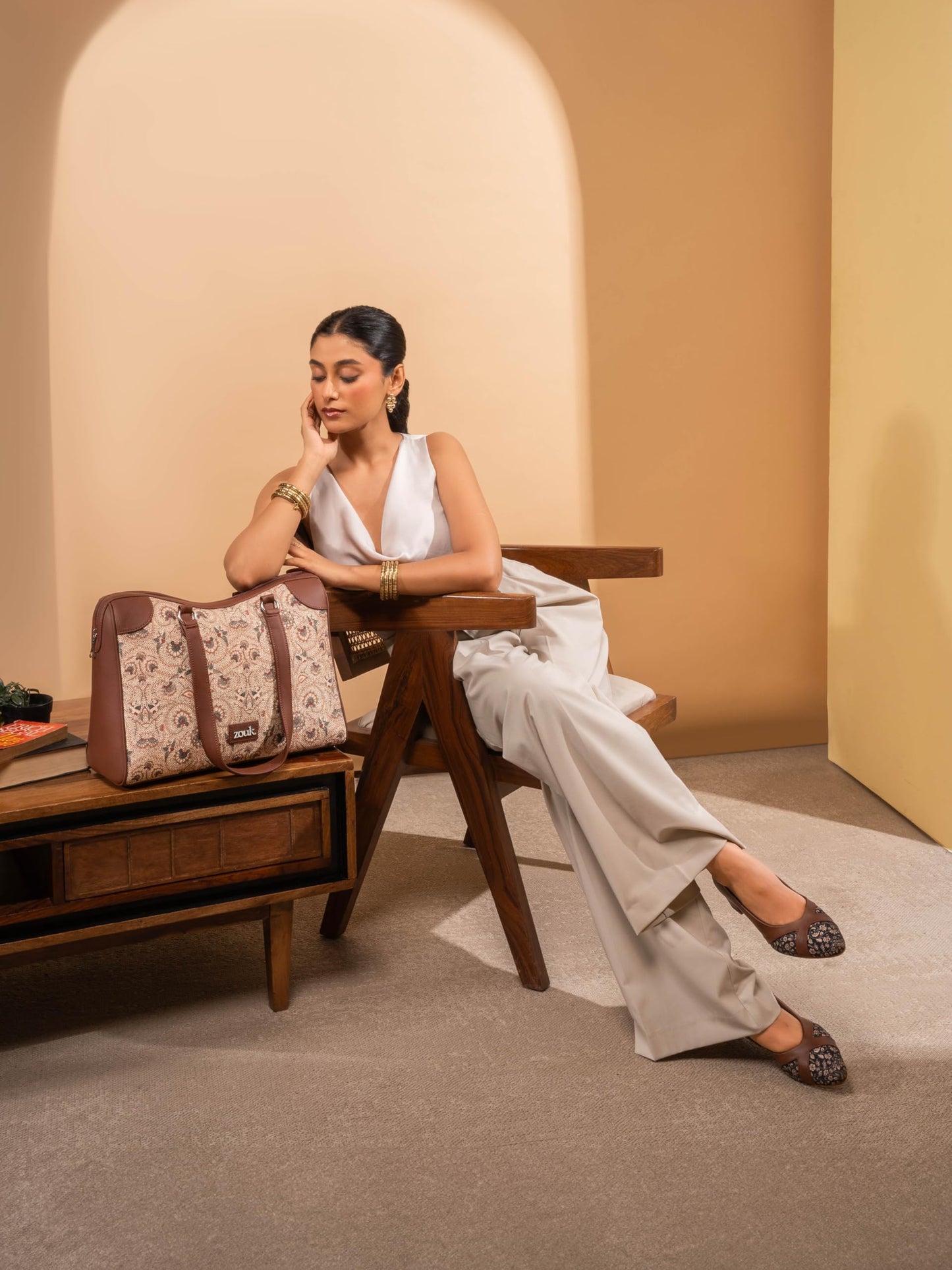 ZOUK Pedana Kalamkari Conference Office Bag | Jute | Vegan Leather Handcrafted Tote Bag Ideal for Work Office With Double Handle Straps | Yellow ochre