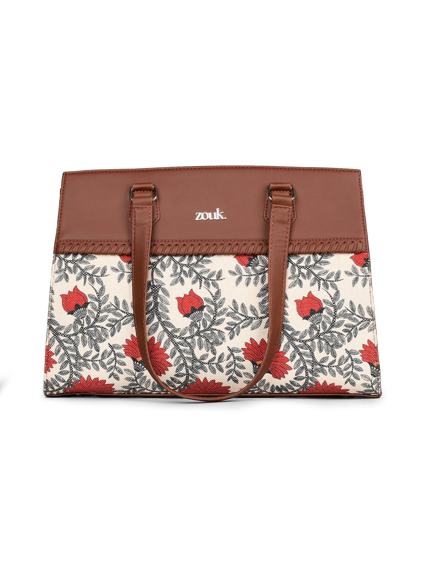 ZOUK Nawabi Couture Statement Business Bag | Jute | Vegan Leather Handcrafted Shoulder Bag Ideal For Office Use| Beige and Red