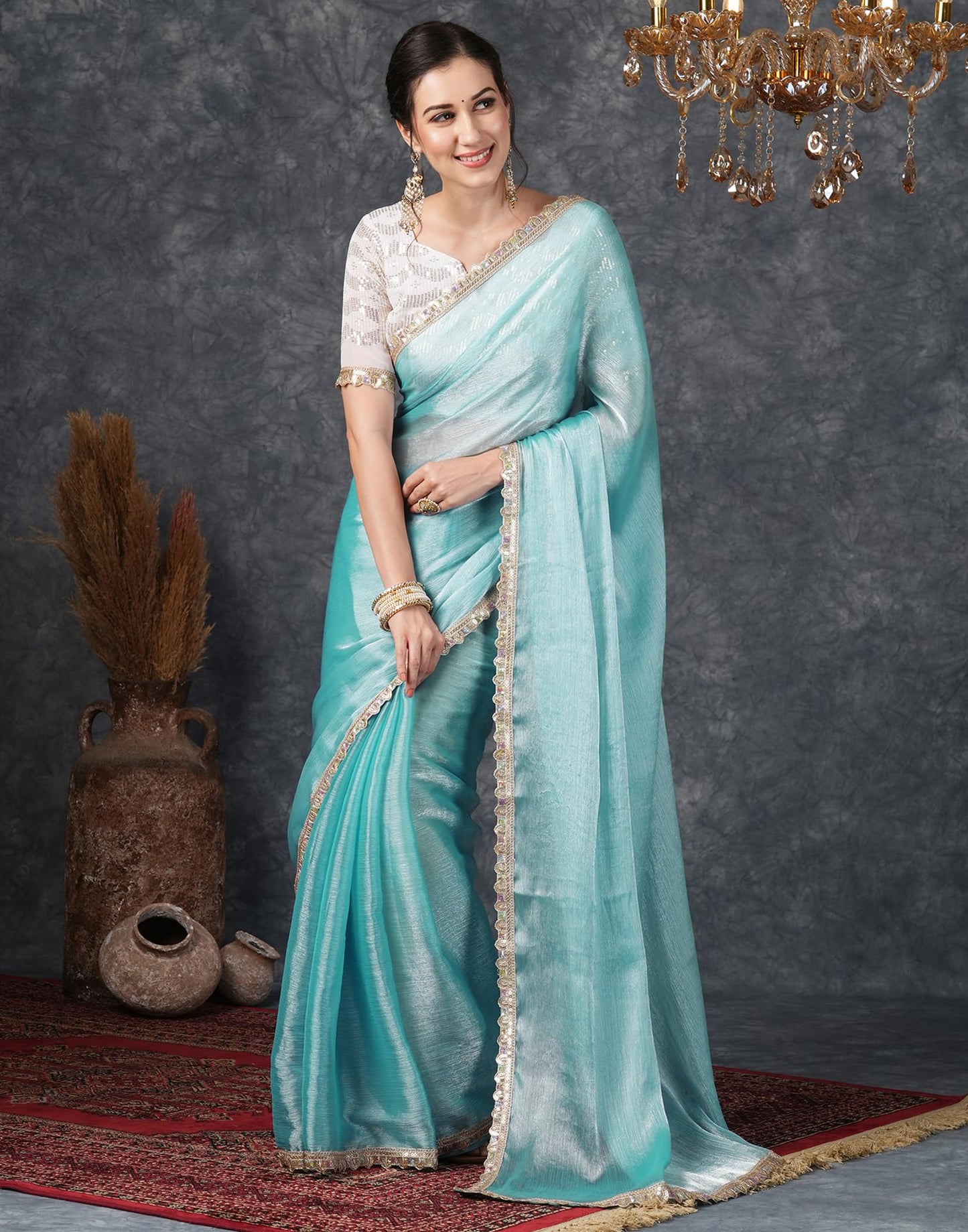 SIRIL Women's Chiffon Temple Border Saree With Unstitched Blouse (3799S281_Blue)