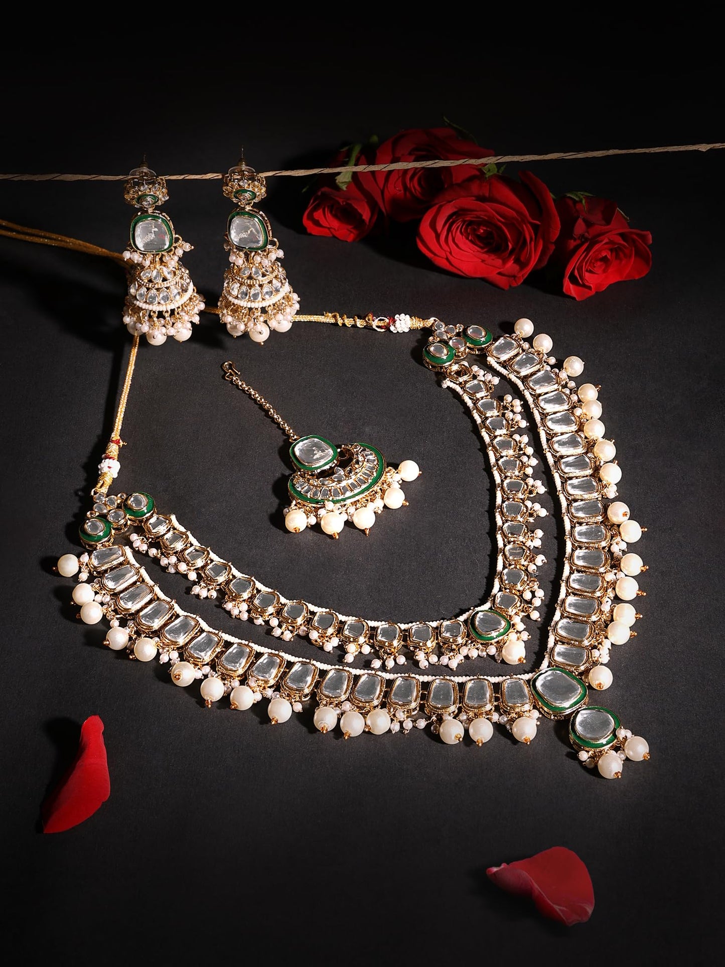 ZAVERI PEARLS Green Meenakari Kundan Pearls Layered Bridal Necklace Earring & Maangtikka Set For Women-ZPFK17357