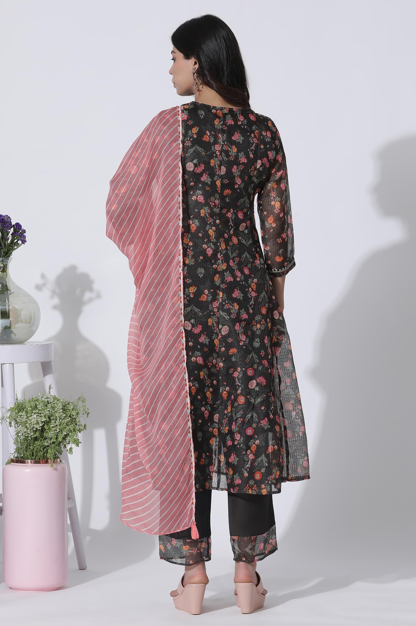 W for Woman Dark Brown Panelled Printed Kota Kurta, Pants and Dupatta Set_24FEWS11022-123350_M