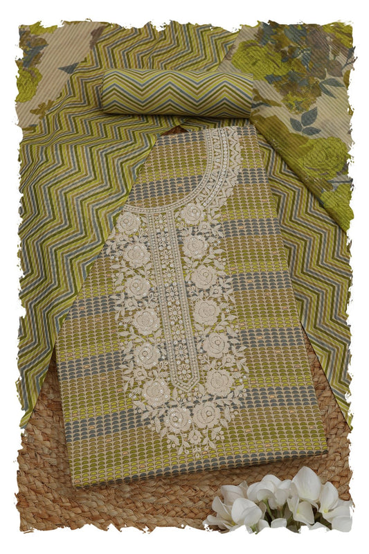 Soch Womens Green Cotton Geometric Print Unstitched Dress Material With Thread Work