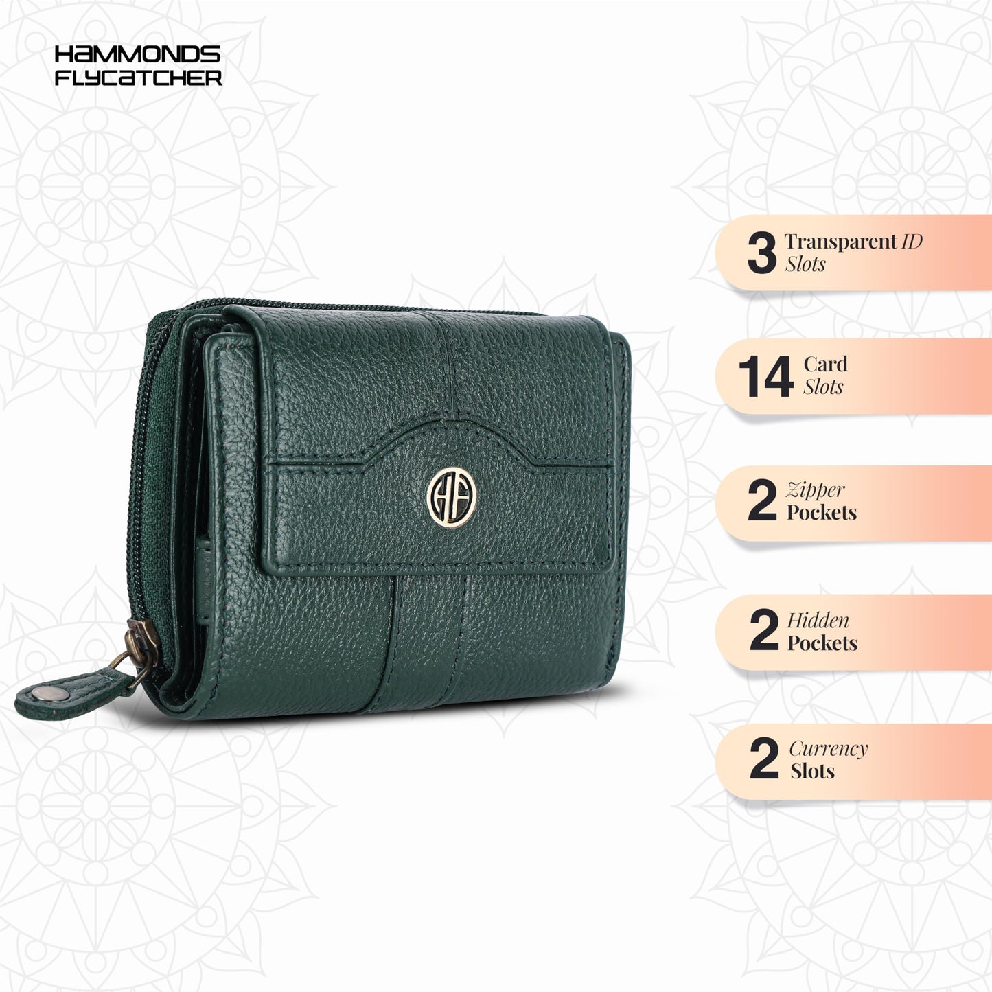 HAMMONDS FLYCATCHER wallet for women - Genuine Leather Ladies Wallet - Green - 14 Card Slots - RFID Protection - 3 ID Card Slots - Women's Wallet - Button Closure -Hand Wallet - Daily Use, Money Purse