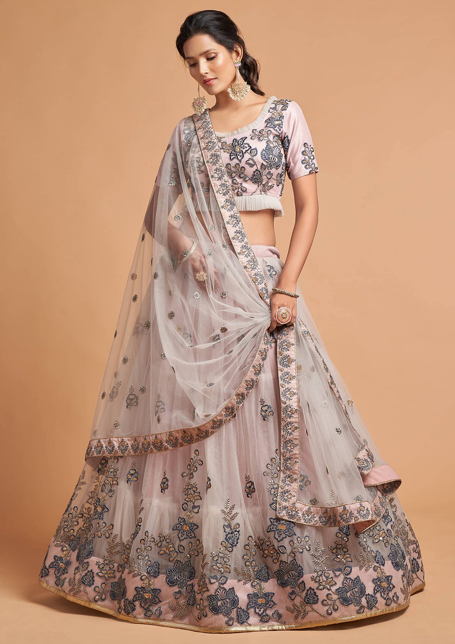 Divine International Trading Co Women's Net Embroidered Semi-Stitched Lehenga Choli with Dupatta (7307-Grey-Wedding-Girlish-Latest-Lehenga; Free Size)