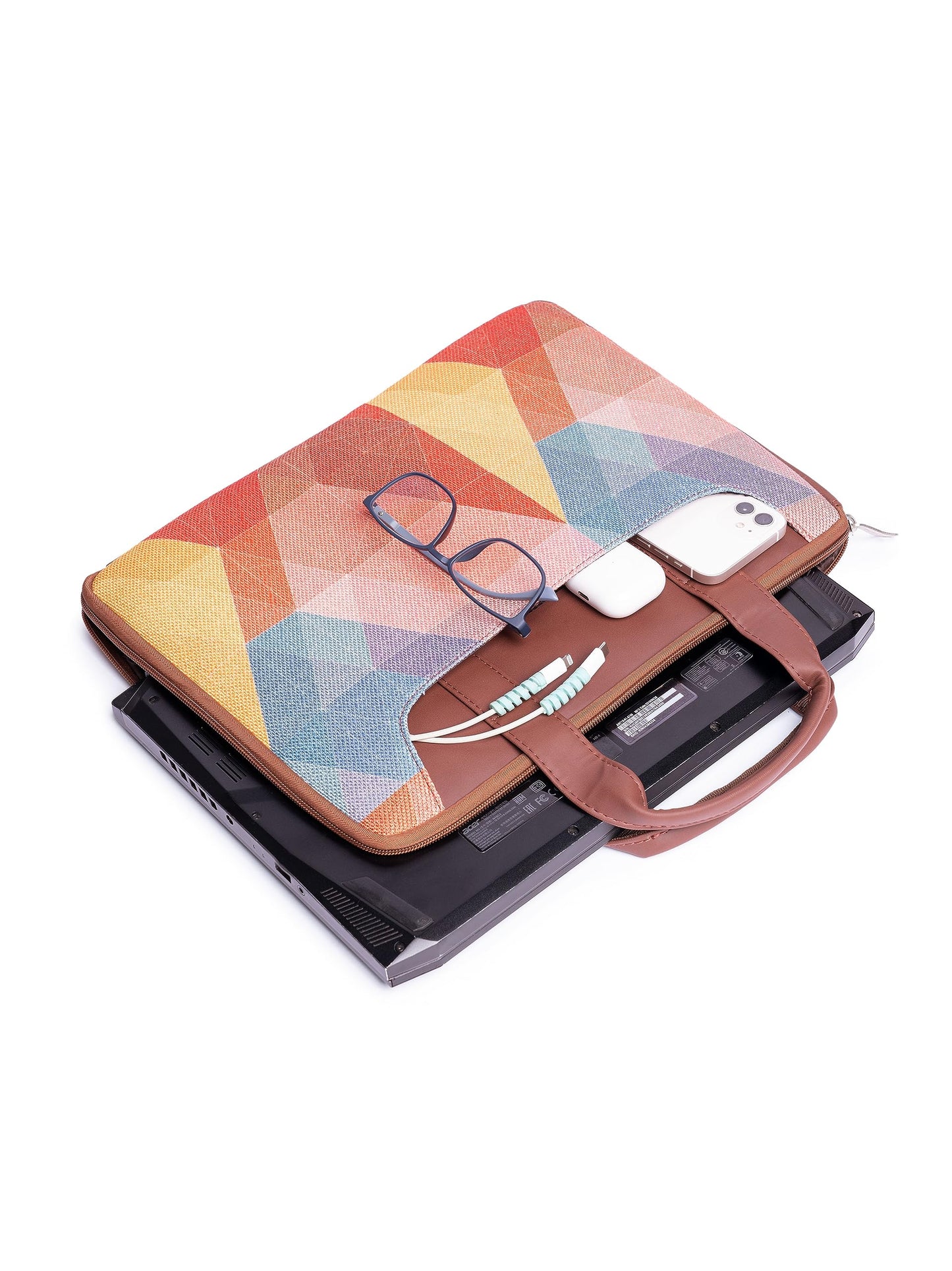 ZOUK Vegan Leather GeoOptics Printed Casual L-Zippered Laptop Sleeves For Women