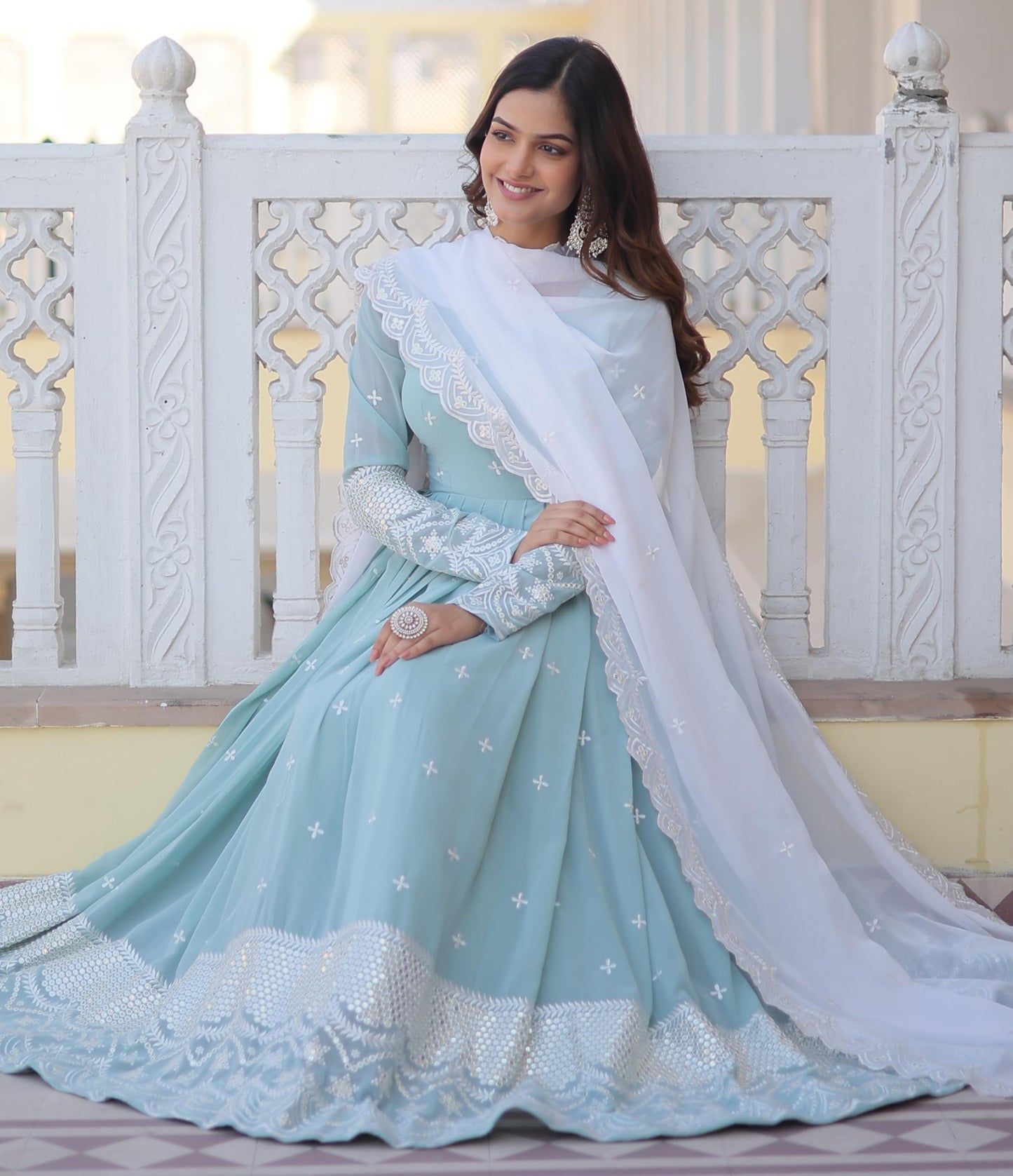 Fashion Basket Blue Women's Faux Georgette Anarkali Gown with Dupatta (XX-Large)