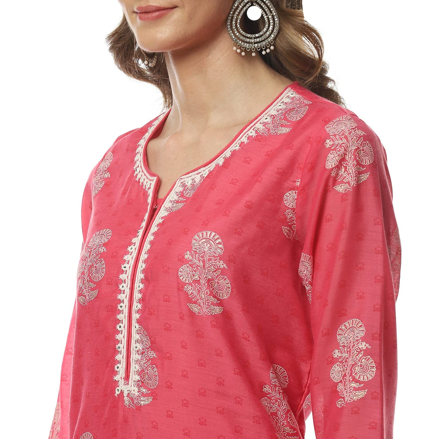BIBA Women's Cotton Pink Straight Kurta Churidar Suit Set