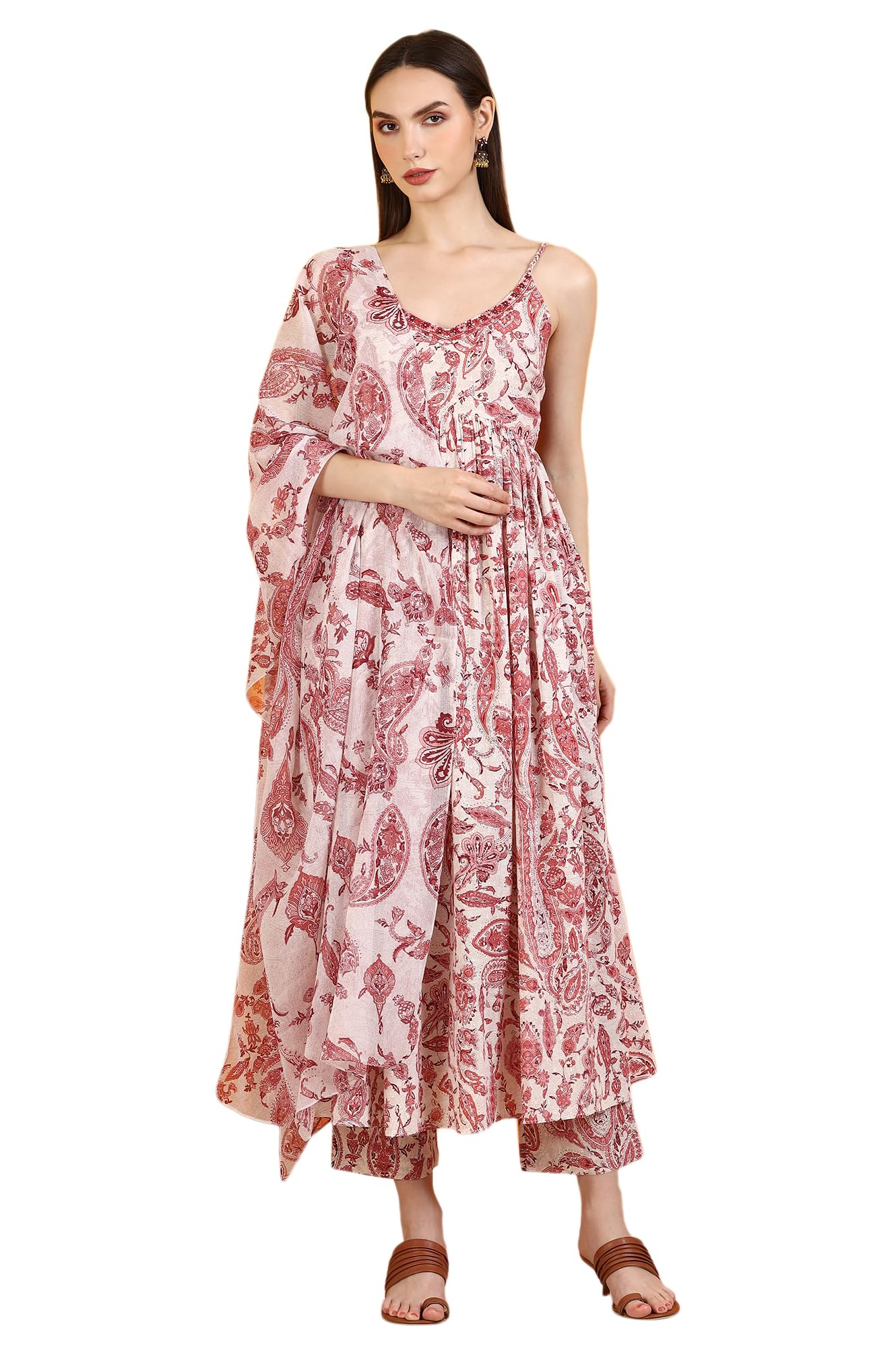 W for Woman White Paisley Printed Swiss Dot Cotton Spaghetti Kurta, Pants and Dupatta Set (Size: L)-WS12184-124713