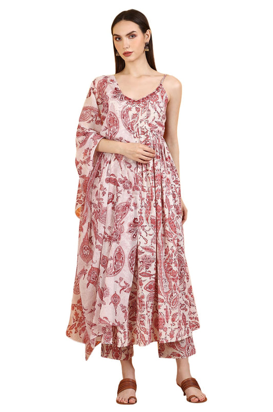 W for Woman White Paisley Printed Swiss Dot Cotton Spaghetti Kurta, Pants and Dupatta Set (Size: L)-WS12184-124713