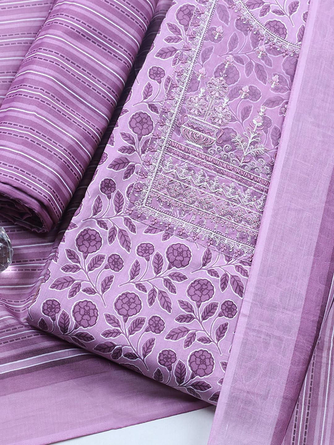 Meena Bazaar Purple Printed Cotton Blend Unstitched Suit With Pant & Dupatta