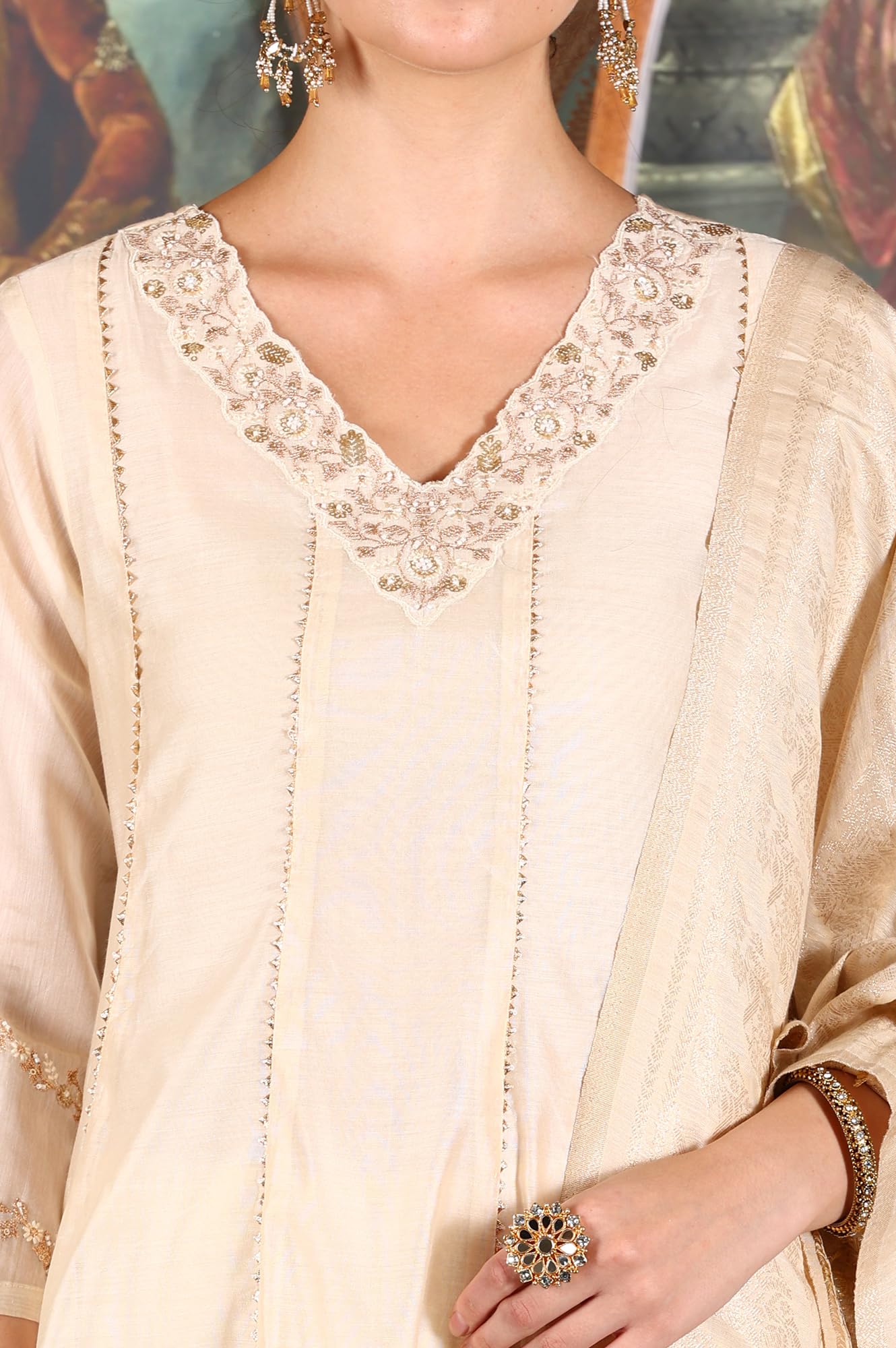 W for Woman Beige Embroidered Flared Chanderi Kurta, Pants and Dupatta Set (Size: XXL)-24AUWS11183-222326
