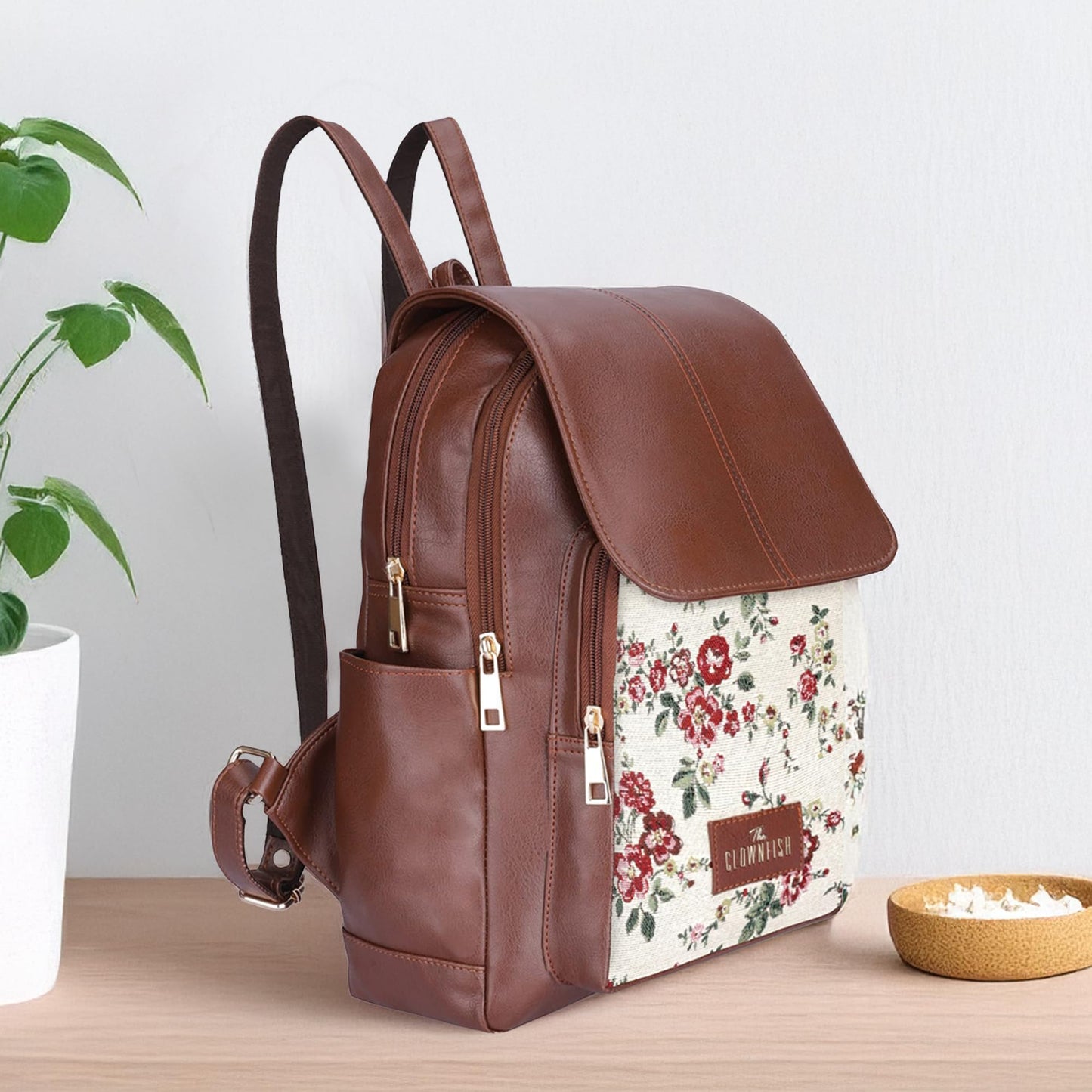 THE CLOWNFISH Medium Size Minerva Faux Leather & Tapestry Women's Standard Backpack College School Bag Casual Travel Standard Backpack For Ladies Girls (White- Floral), 10 Litre