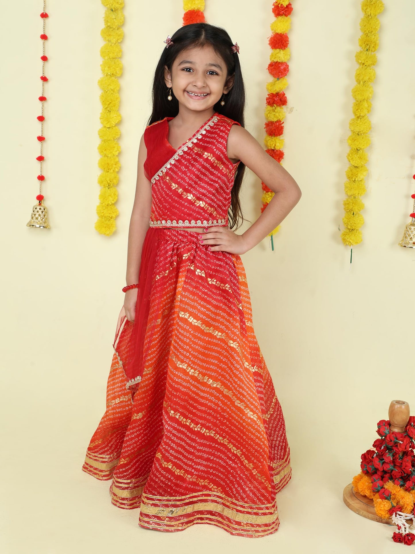 The Magic Wand Kids Lehenga Choli for Girls Emebellished Sleeveless Kota Doria Ethnic Chaniya Dress with Attached Dupatta Perfect for Party & Occasions, Maroon, 3-4 Year