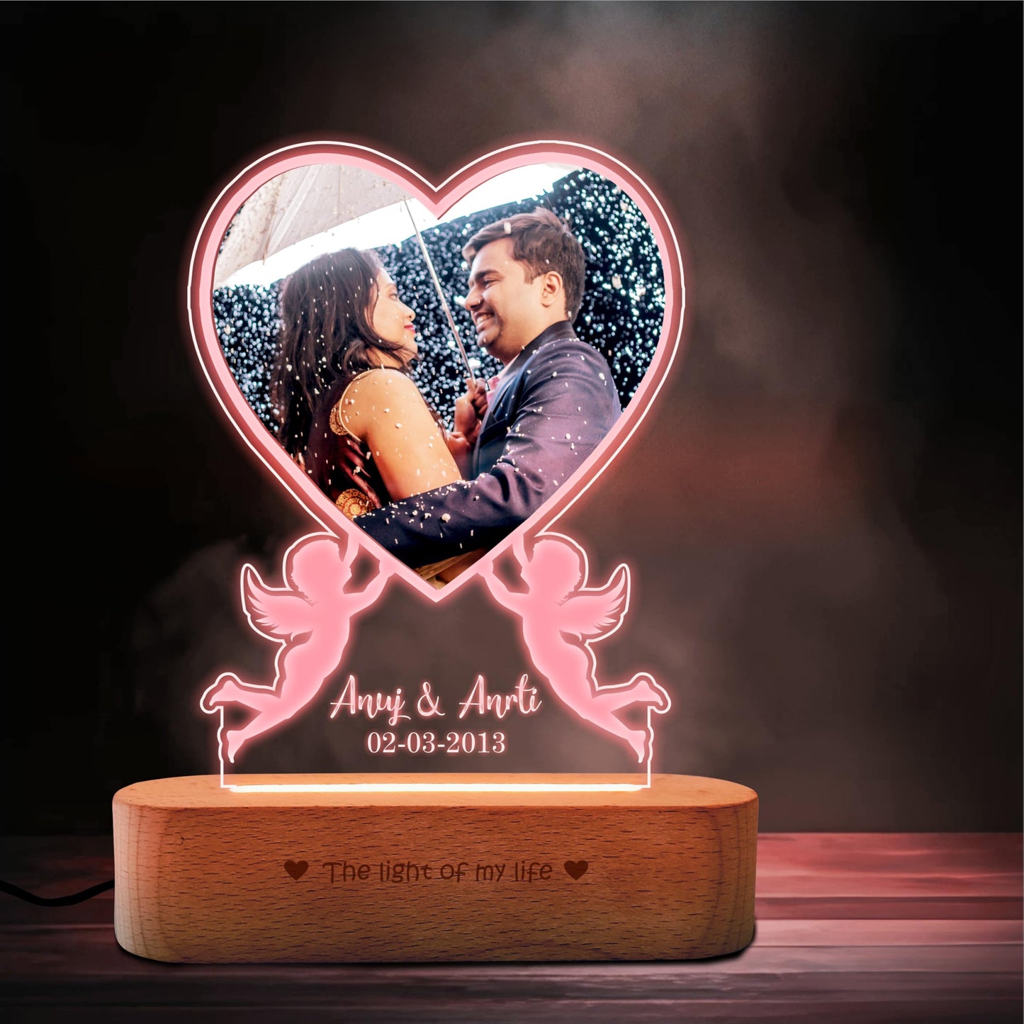 ZOCI VOCI Acrylic Personalized Valentine Gift for Couple - Tabletop LED Heart Photo Frame,Anniversary Gift for Wife & Husband,Photo Engraved Lamp (Cupid Love,RGB Smooth - No Remote),Blue,20x15 cm